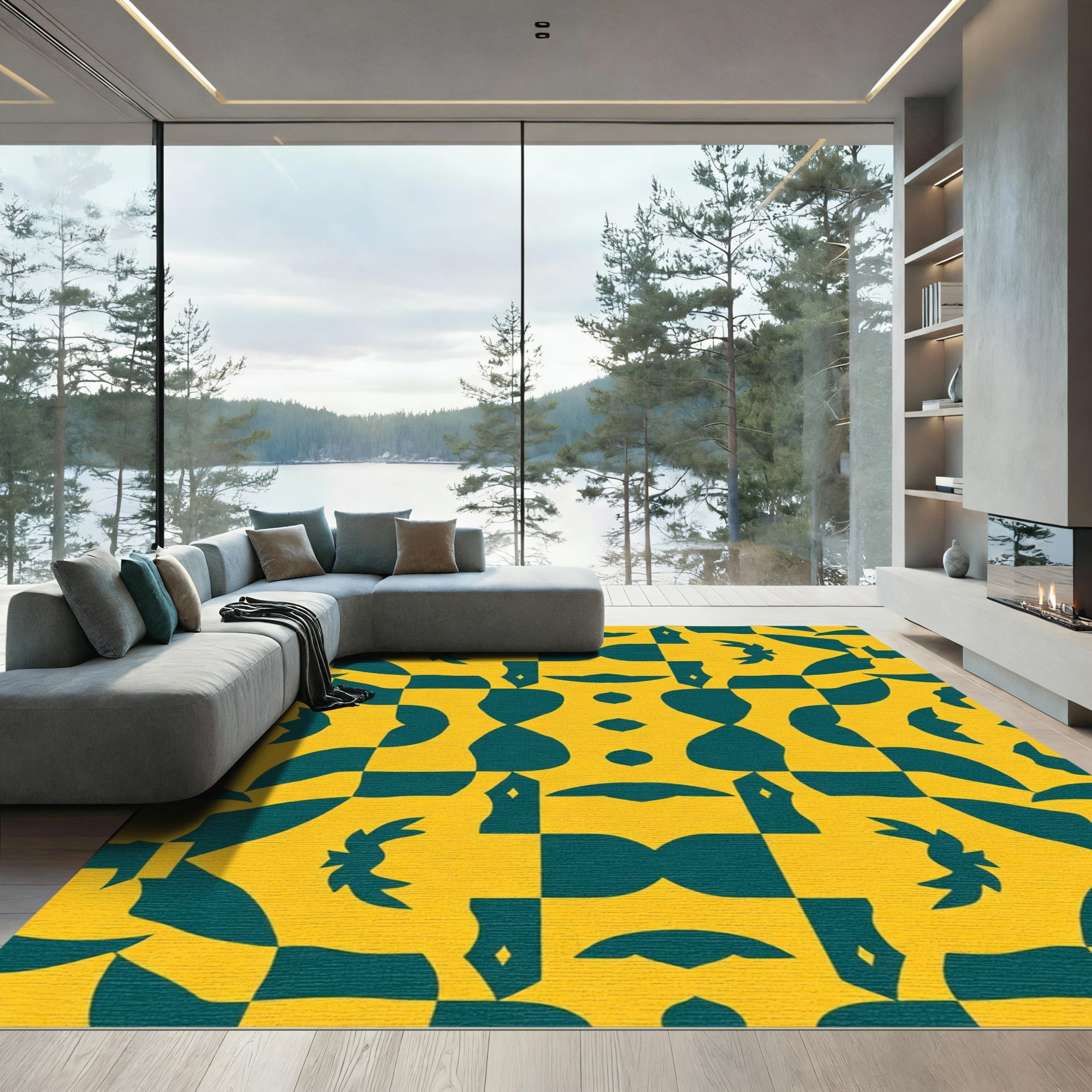 Bold Yellow Teal Geometric Symmetry Rug
