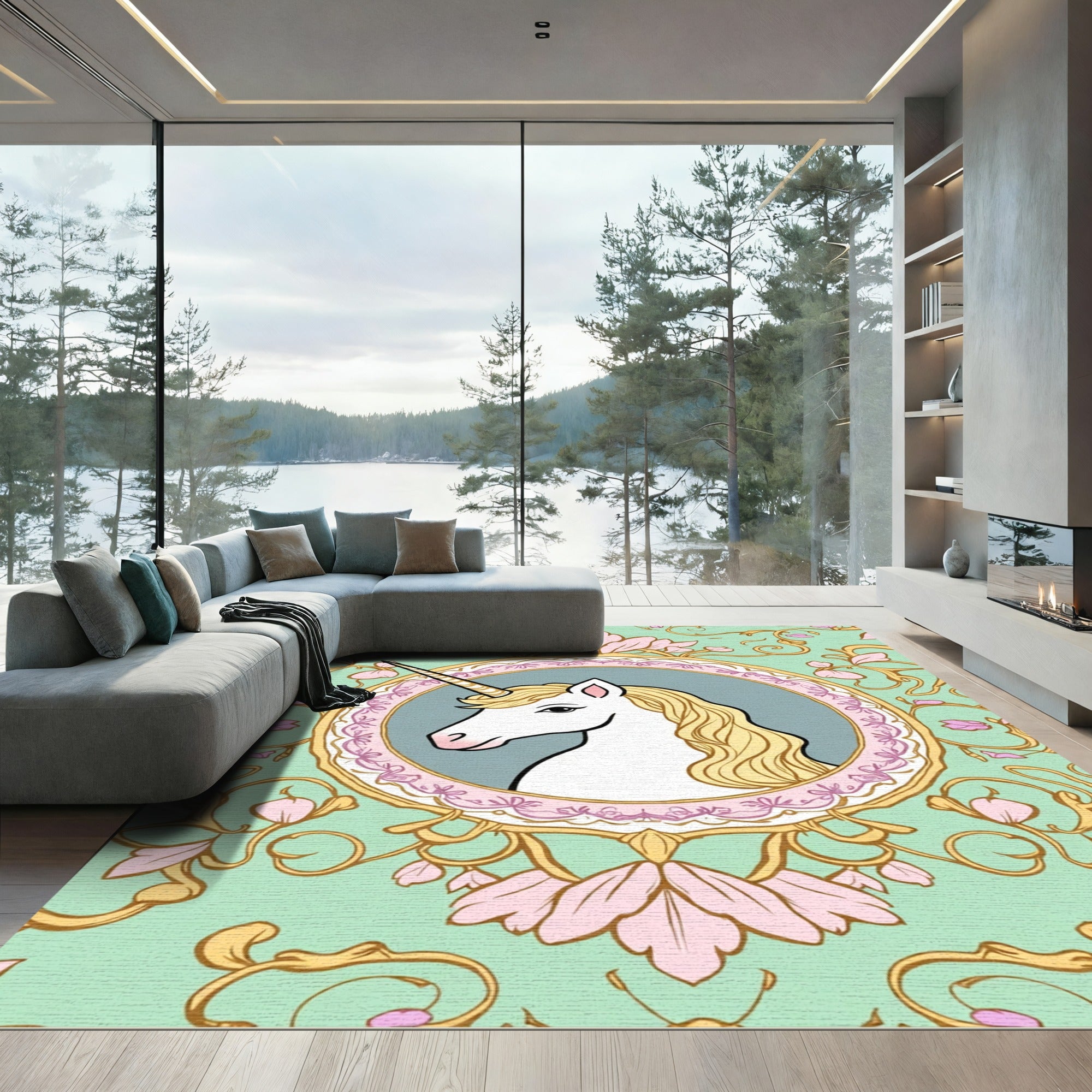 Enchanting Unicorn Teal Floral Frame Rug
