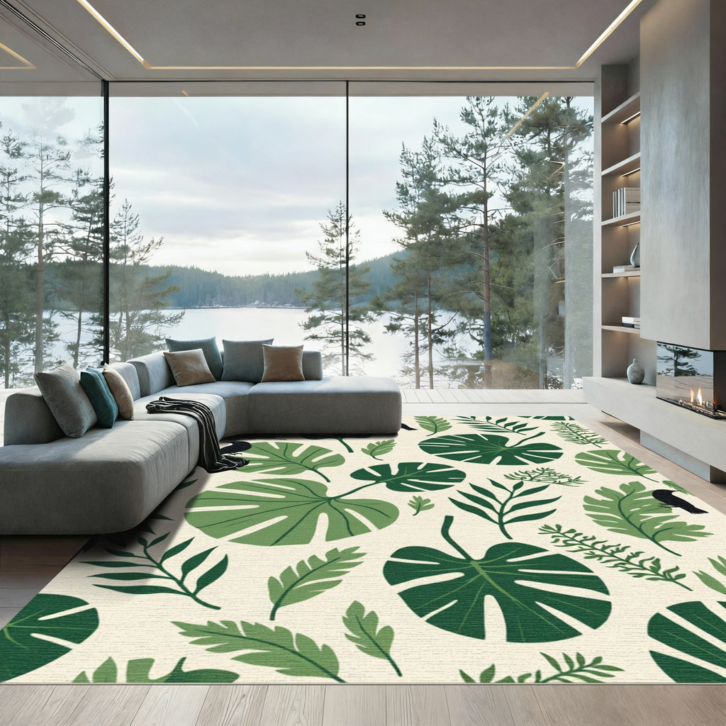 Tropical Greenery and Black Bird Collage Rug