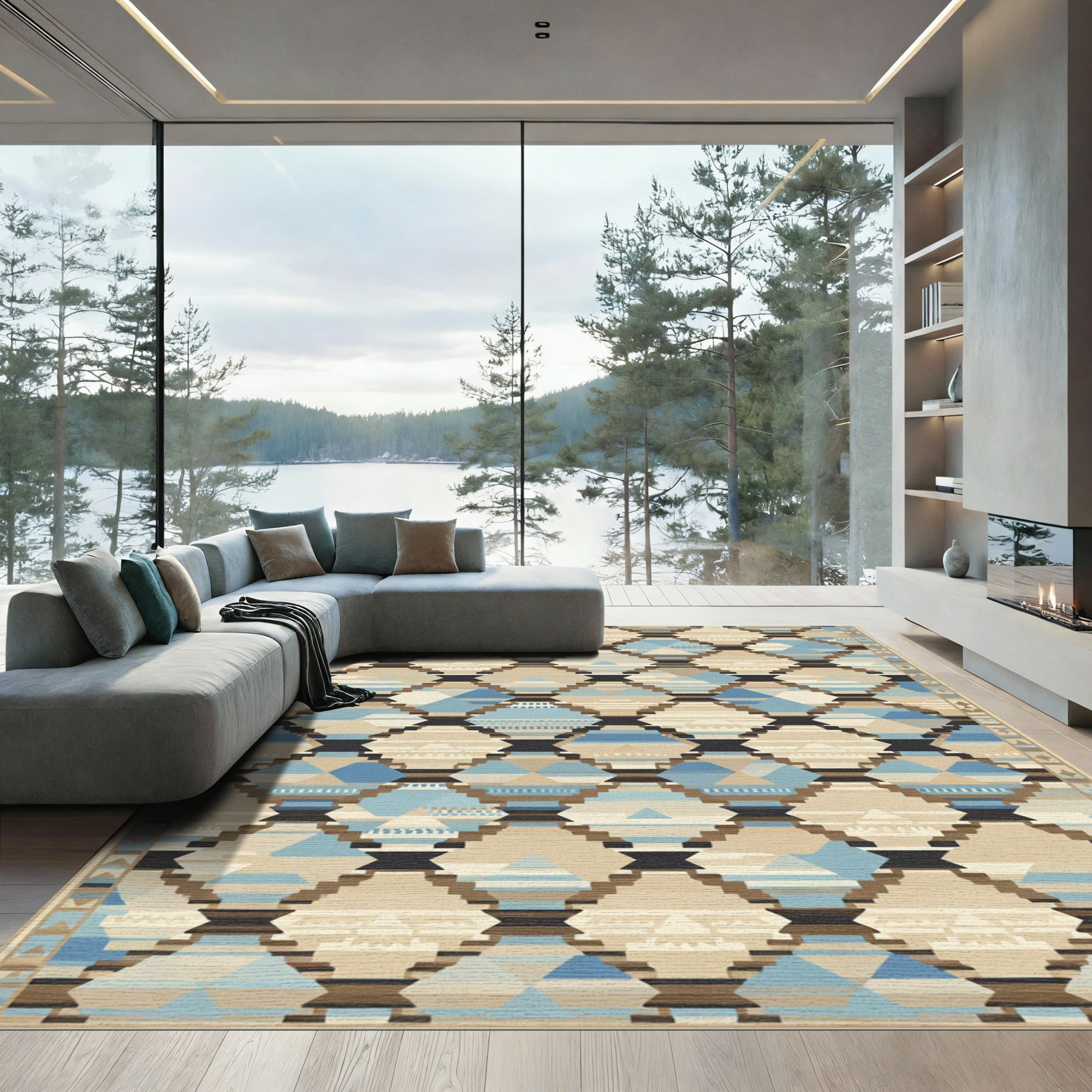 Geometric Diamond Shapes Blues Tans Rug