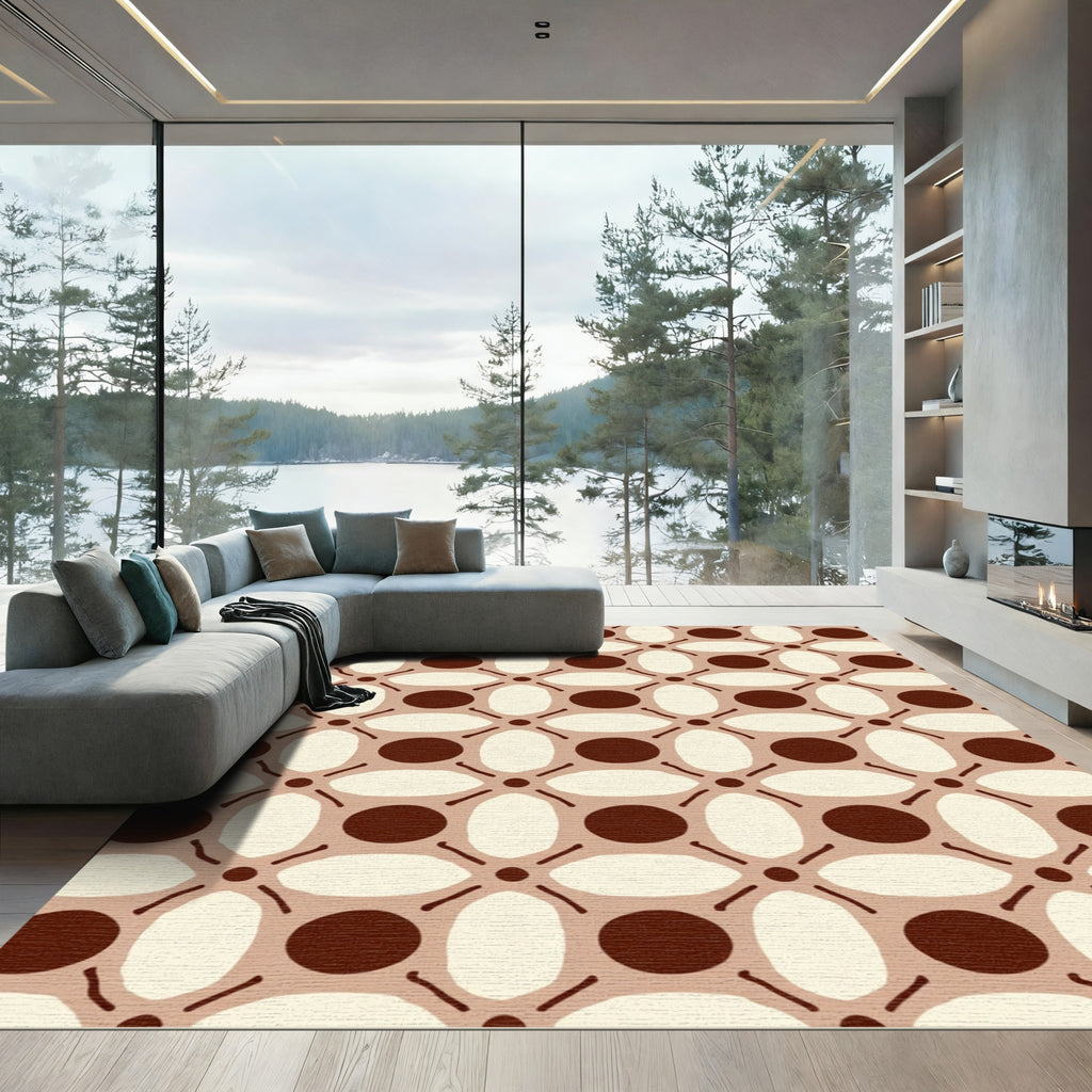 Geometric Cream Brown Circle Oval Rug
