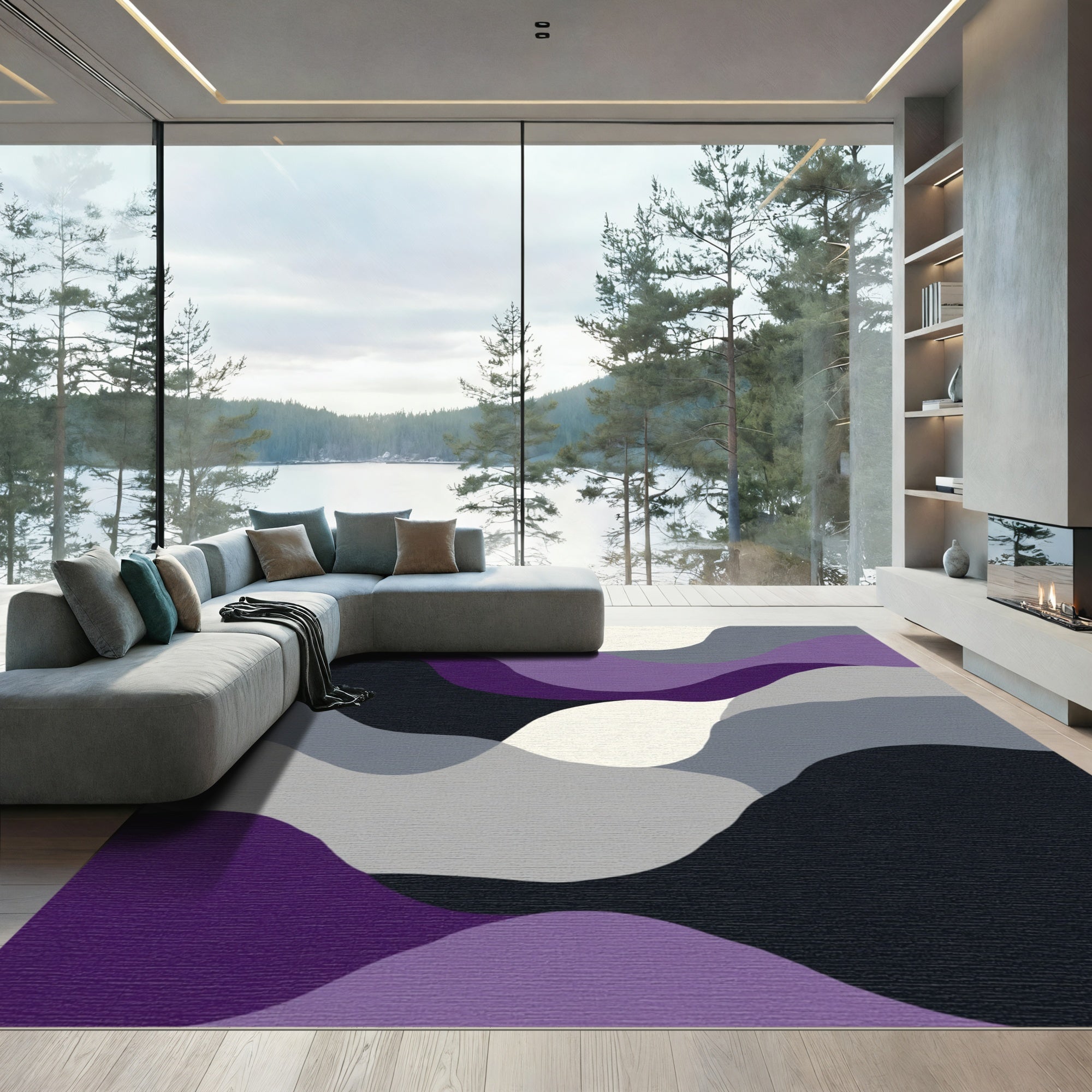 Abstract Purple and Gray Wavy Layers Rug