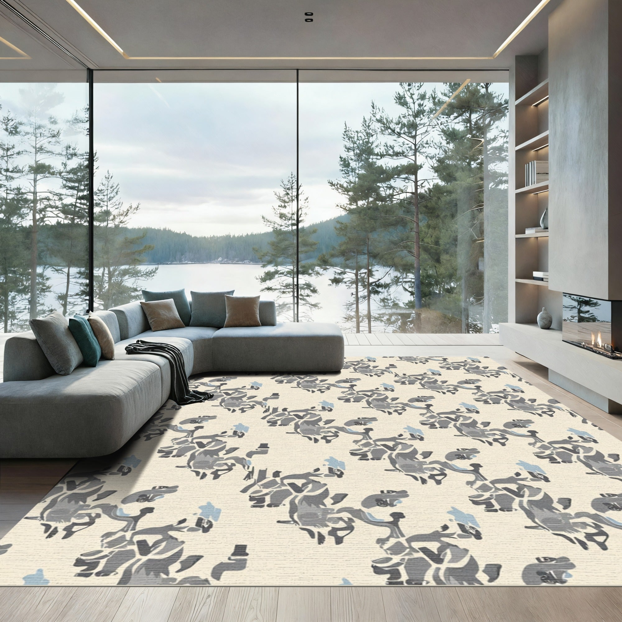 Abstract Gray Blue Flowing Shapes Rug