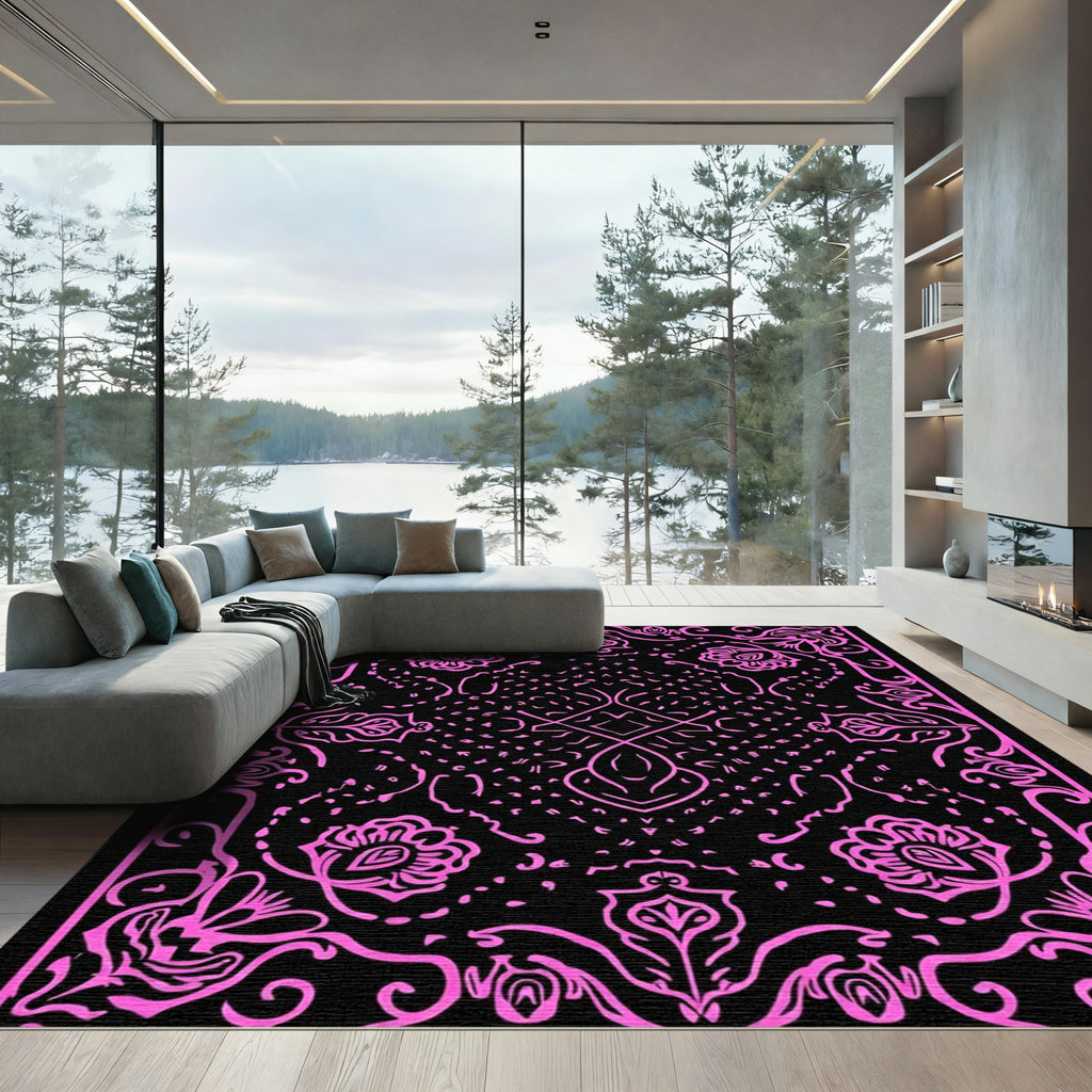 Vibrant Pink Floral Medallion Black Rug