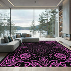 Vibrant Pink Floral Medallion Black Rug