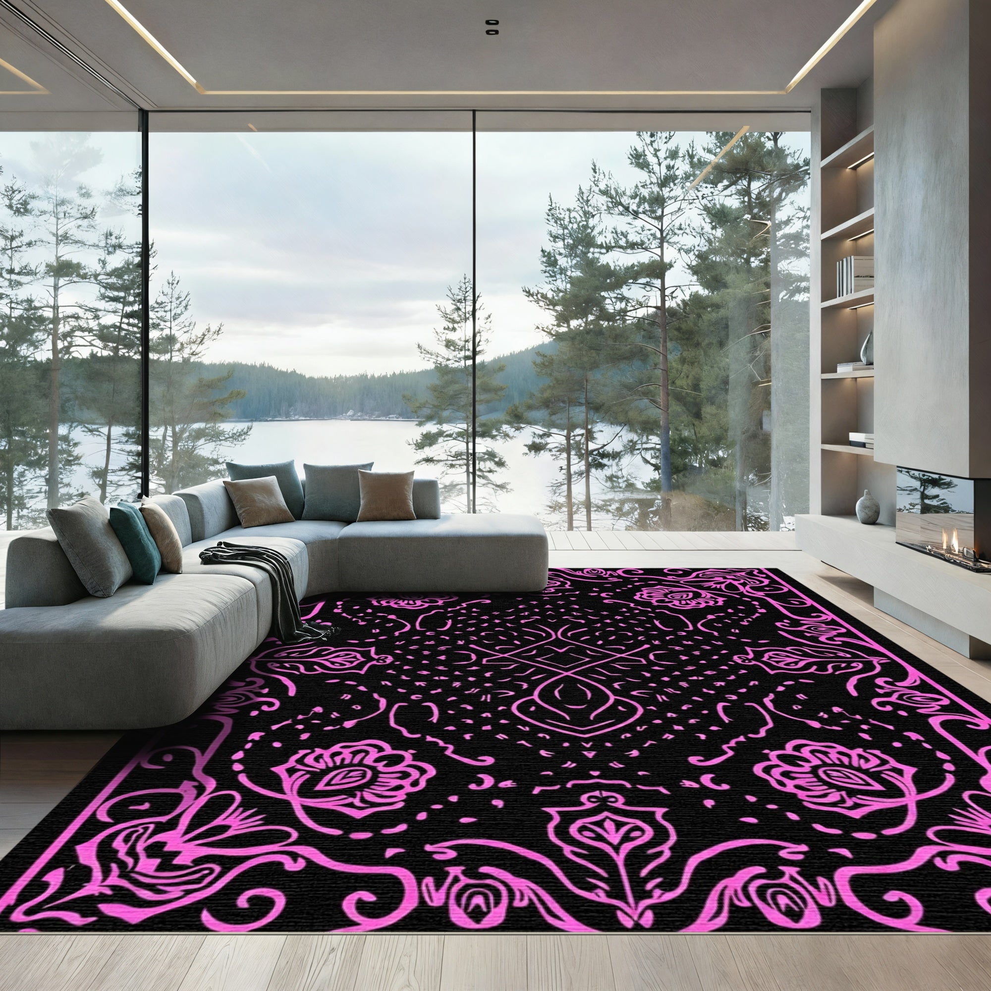 Vibrant Pink Floral Medallion Black Rug
