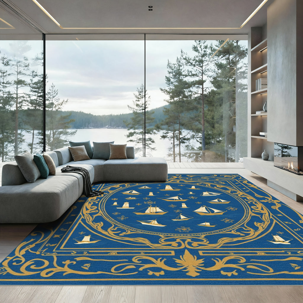 Nautical Maritime Scene Blue Gold Rug