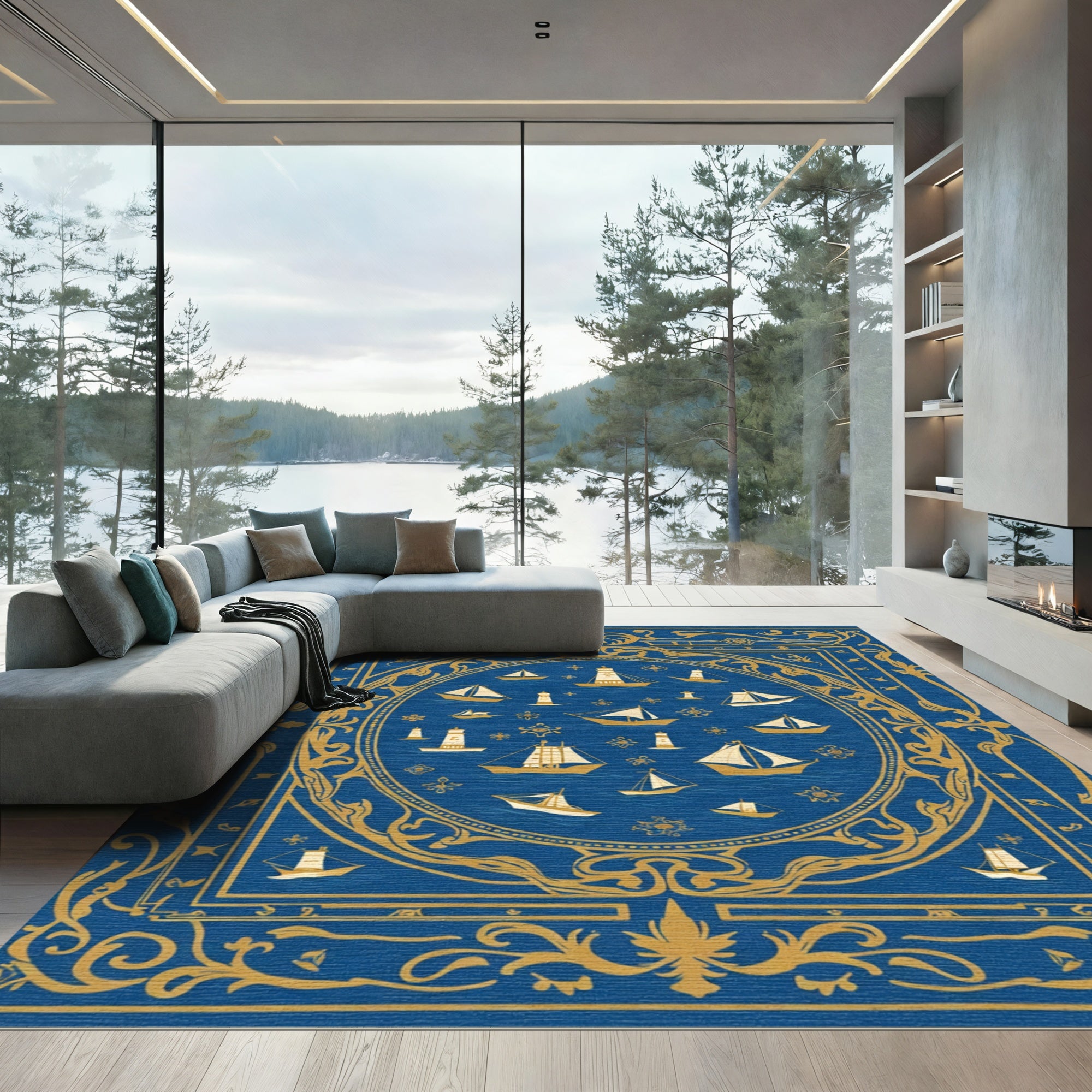 Nautical Maritime Scene Blue Gold Rug