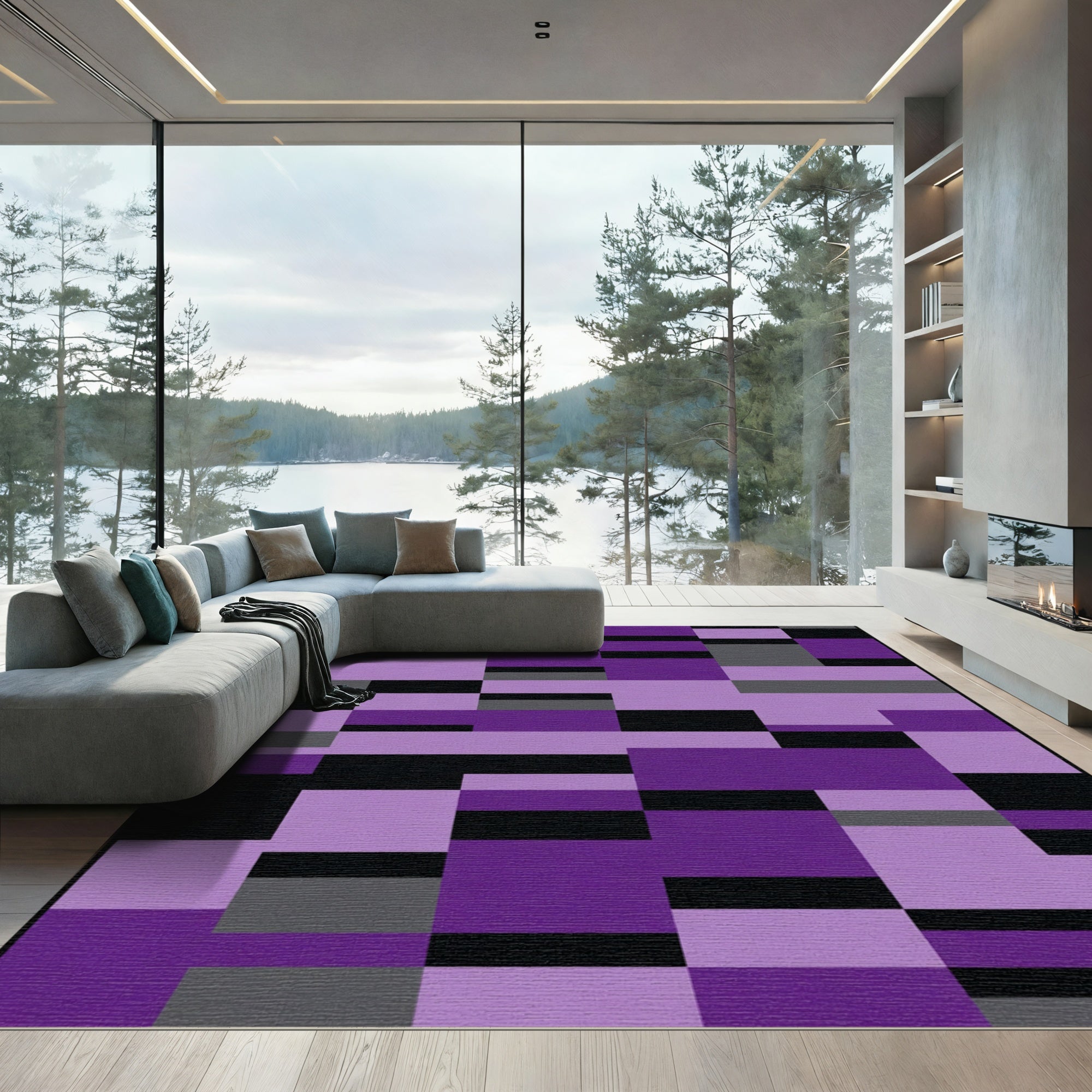 Modern Geometric Purple Rectangle Arrangement Rug