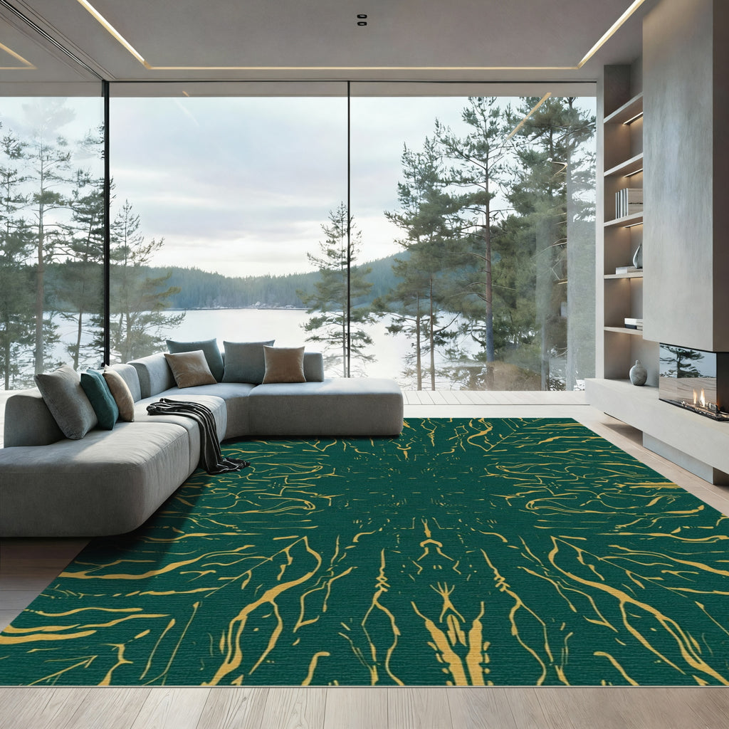 Emerald Gold Abstract Organic Lines Rug