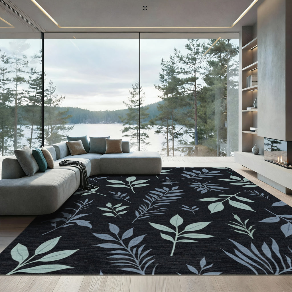 Dark Botanical Leaf Arrangement Rug