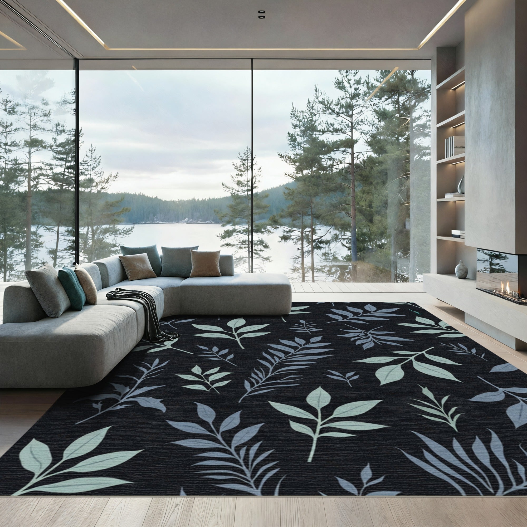 Dark Botanical Leaf Arrangement Rug