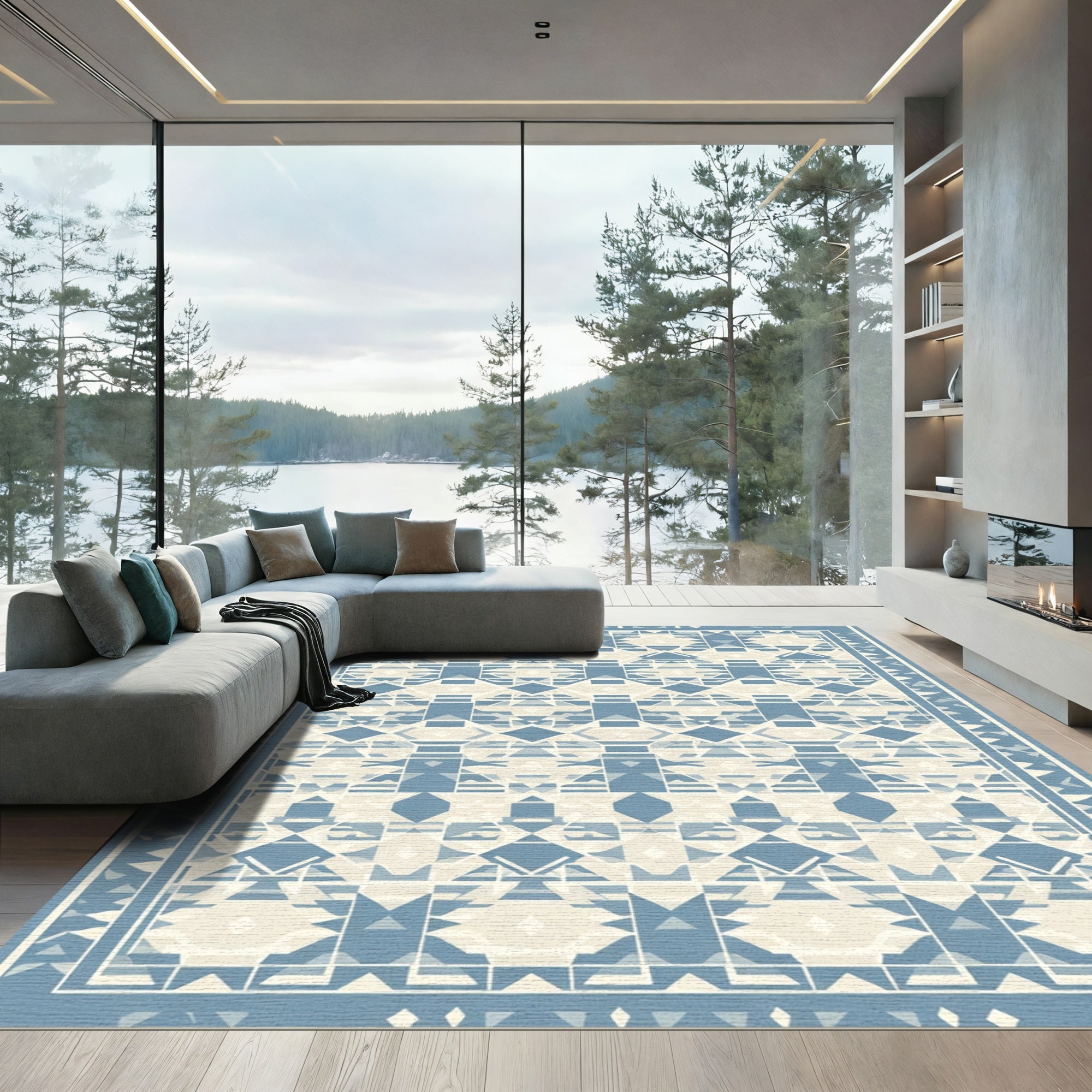 Powder Blue Geometric Aztec Diamond Rug