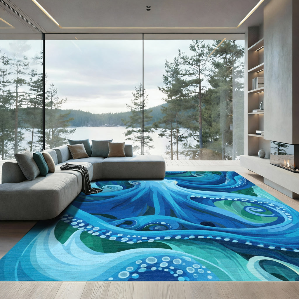Vibrant Blue Octopus Swirling Waves Rug
