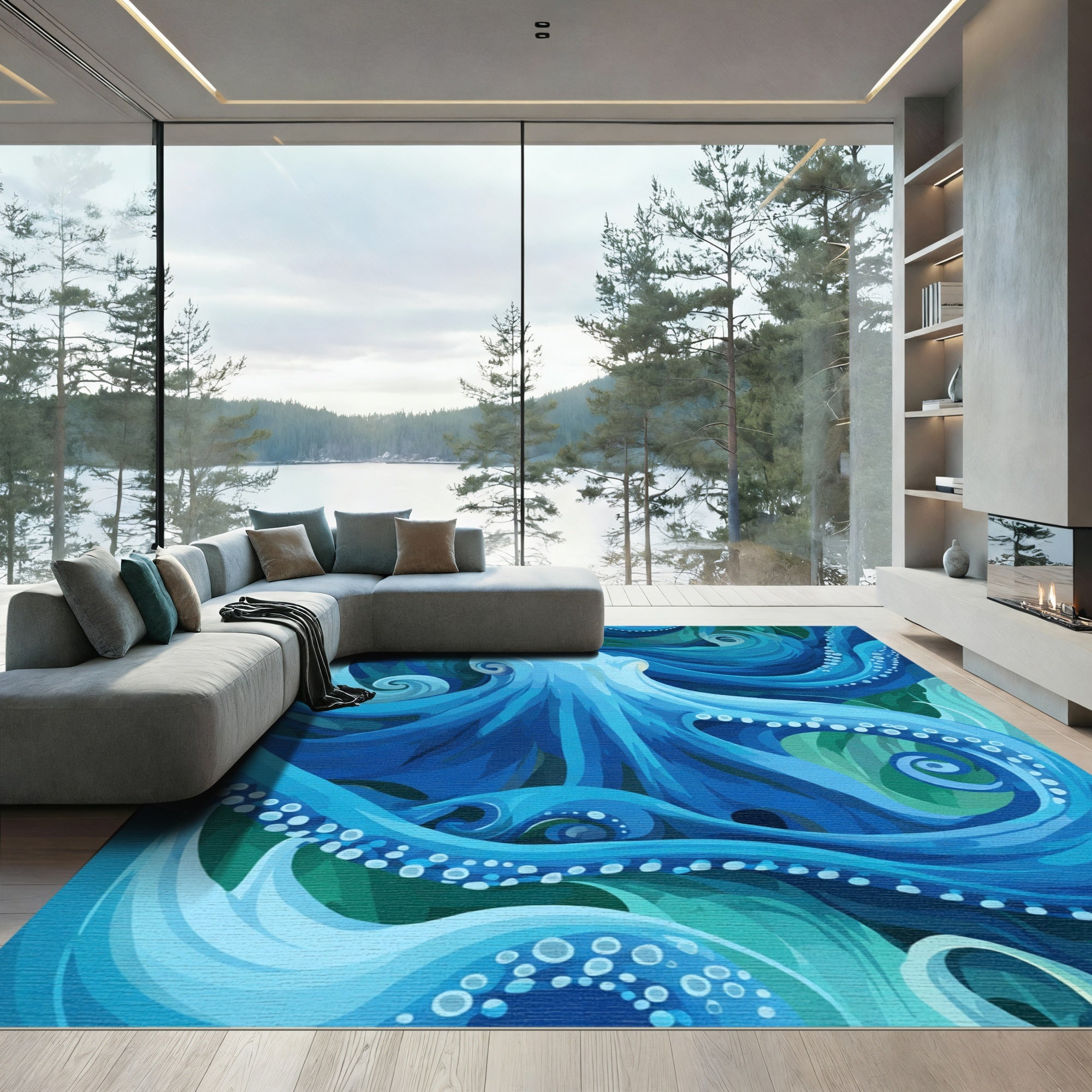 Vibrant Blue Octopus Swirling Waves Rug