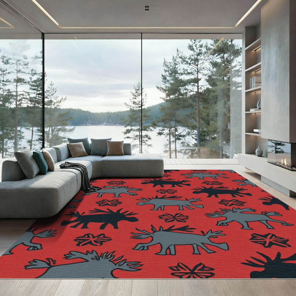 Red Moose And Snowflake Pattern Rug