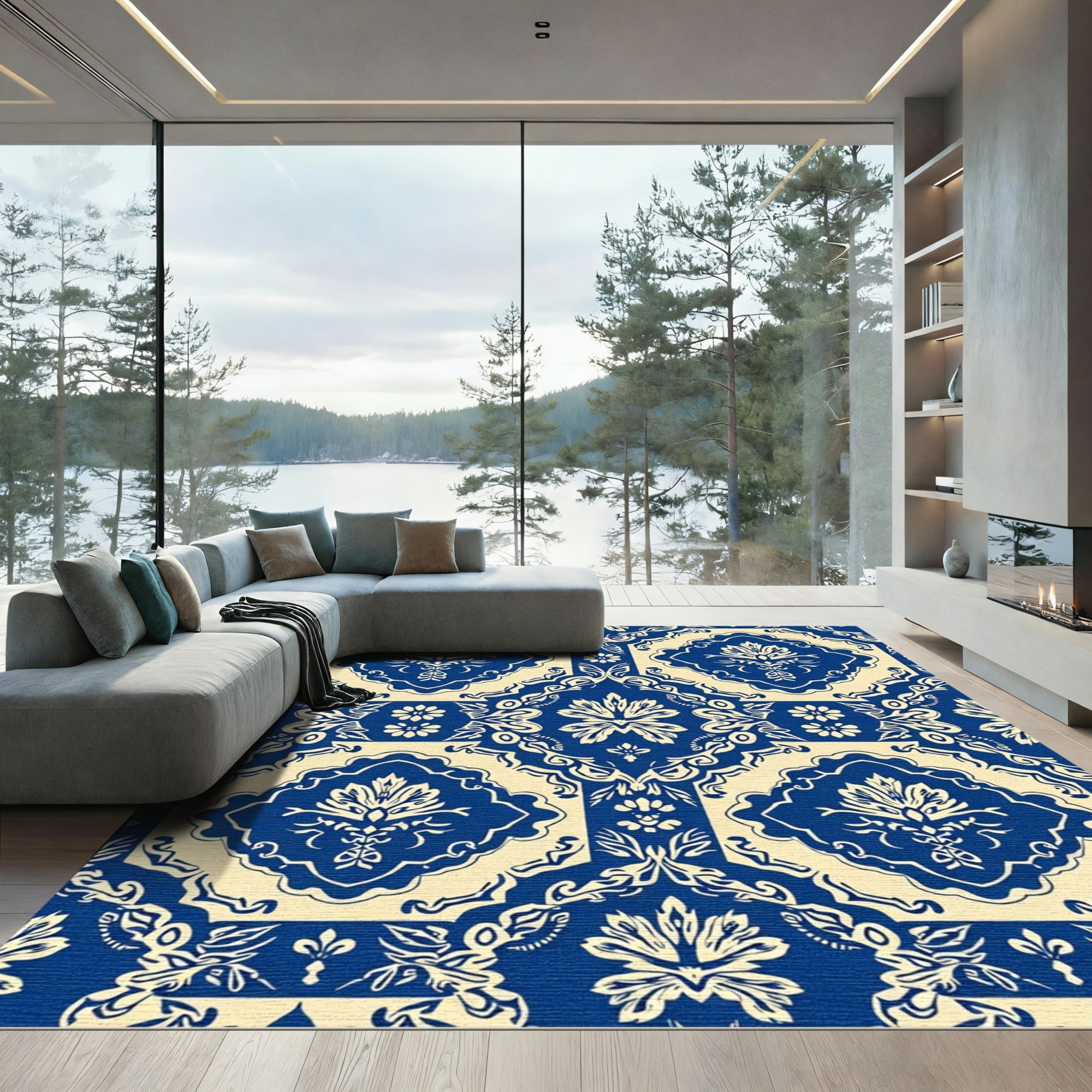 Blue Cream Damask Floral Medallion Rug