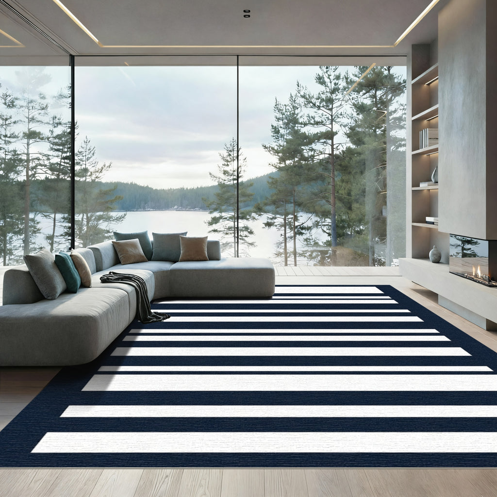 Classic Dark Blue White Stripe Rug
