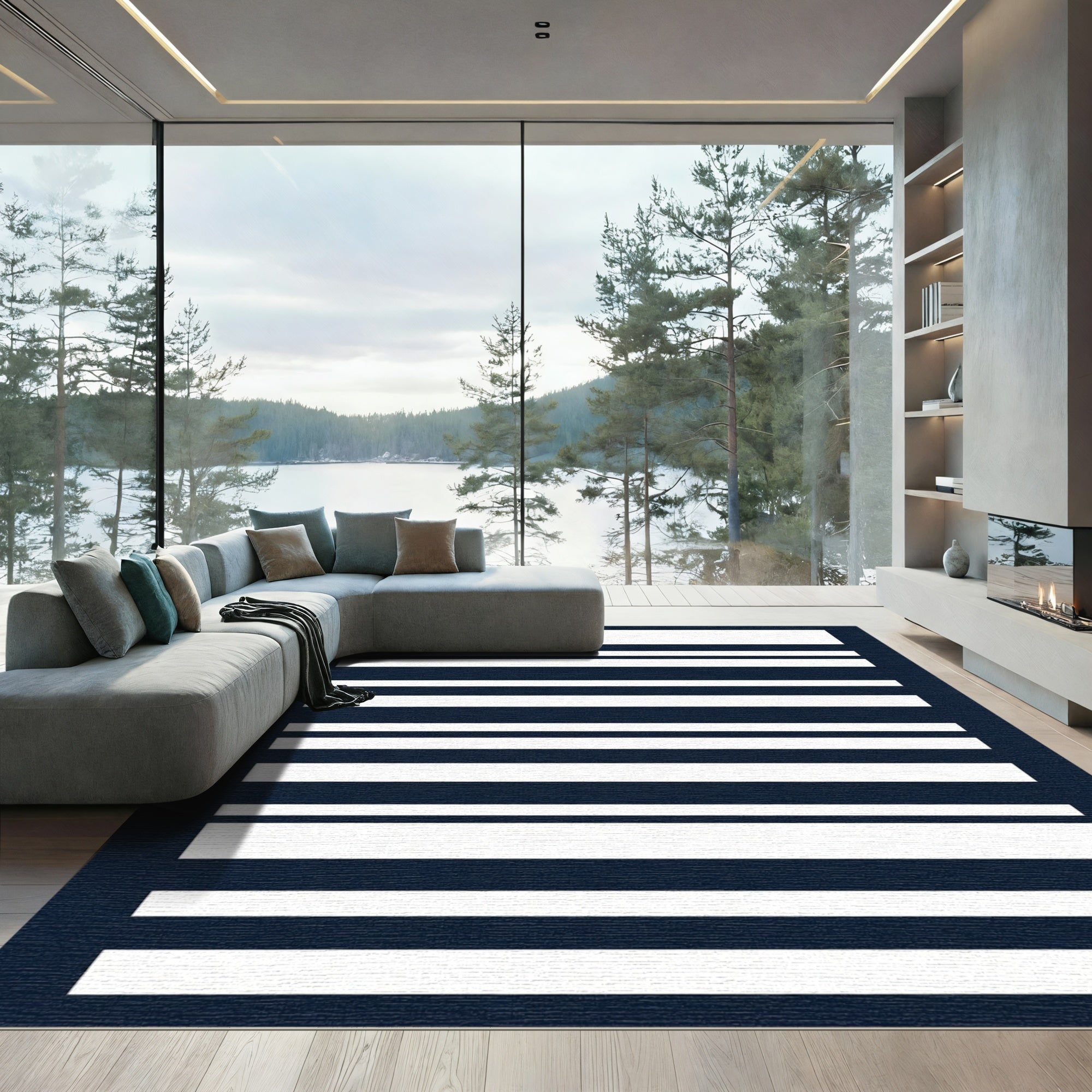 Classic Dark Blue White Stripe Rug