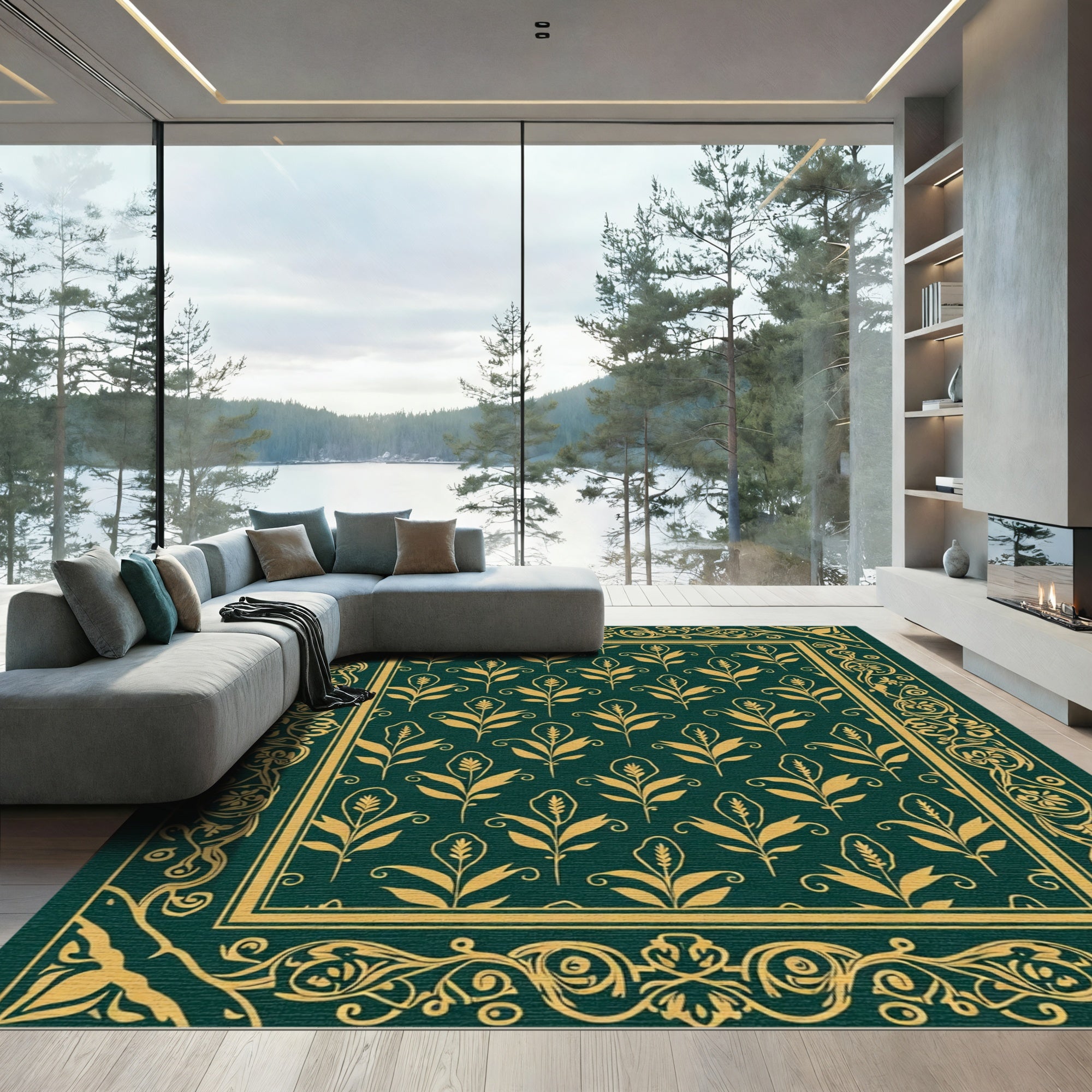 Emerald Gold Floral Flourish Rug