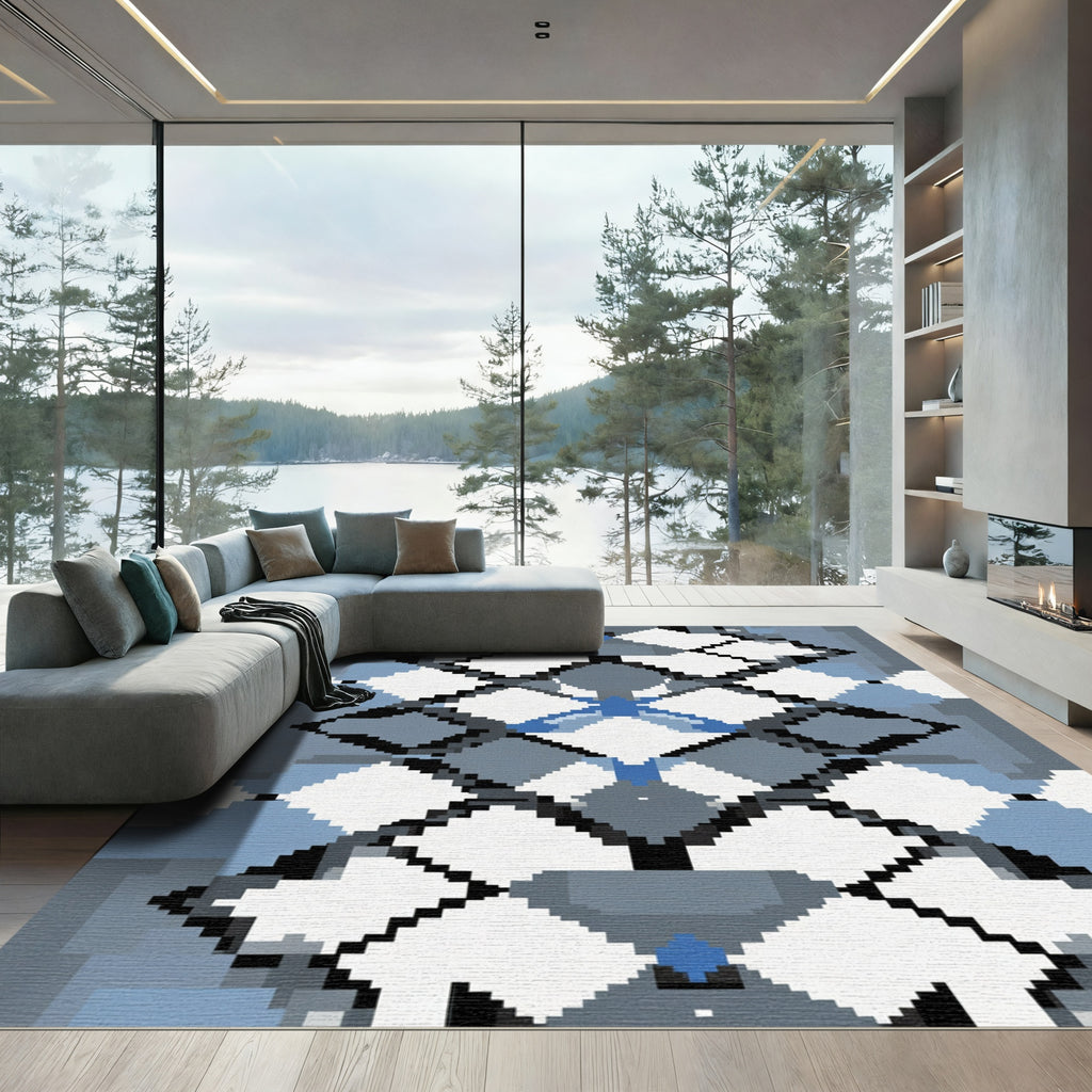 Geometric Blue Diamond Pixel Art Rug
