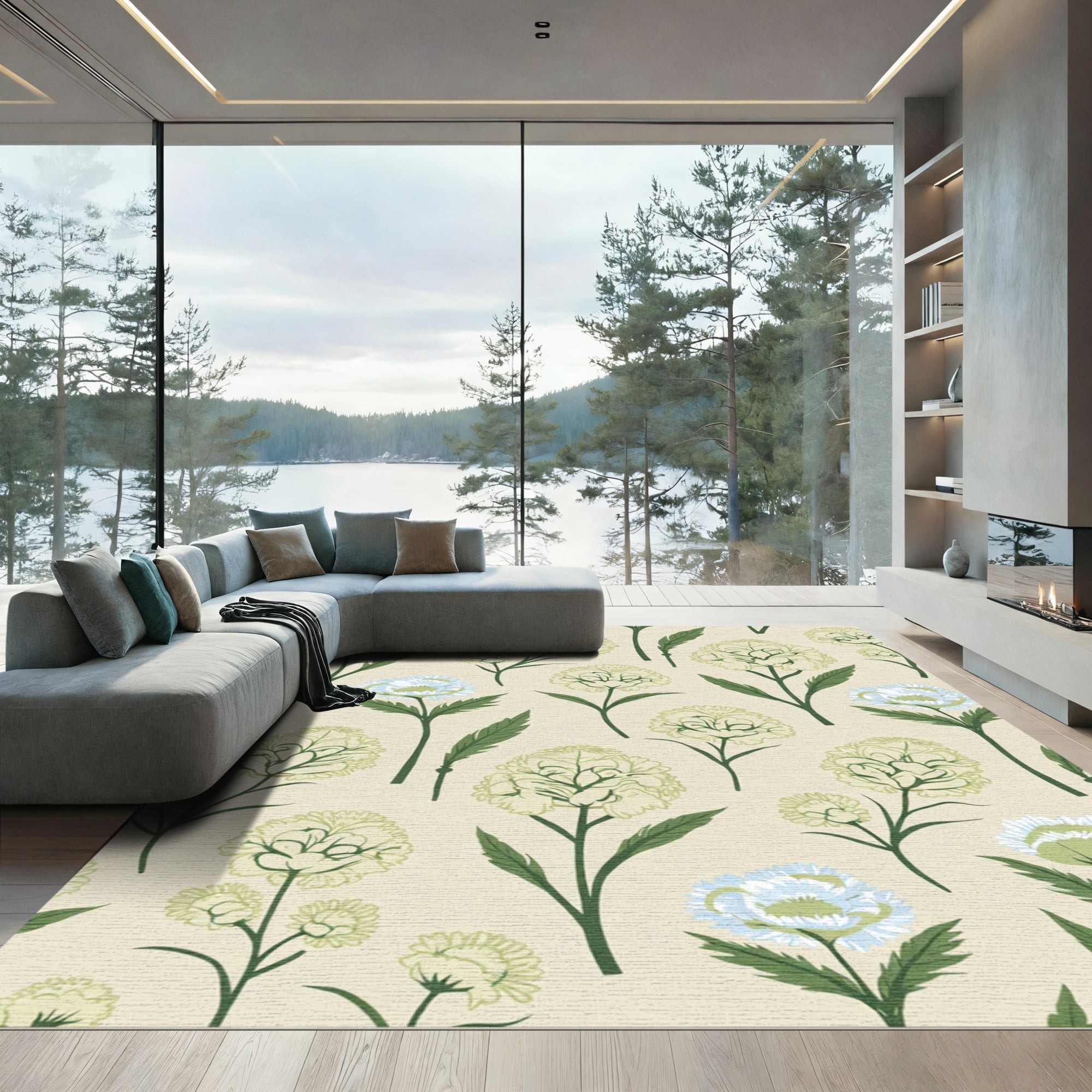 Cream Floral Botanical Arrangement Rug