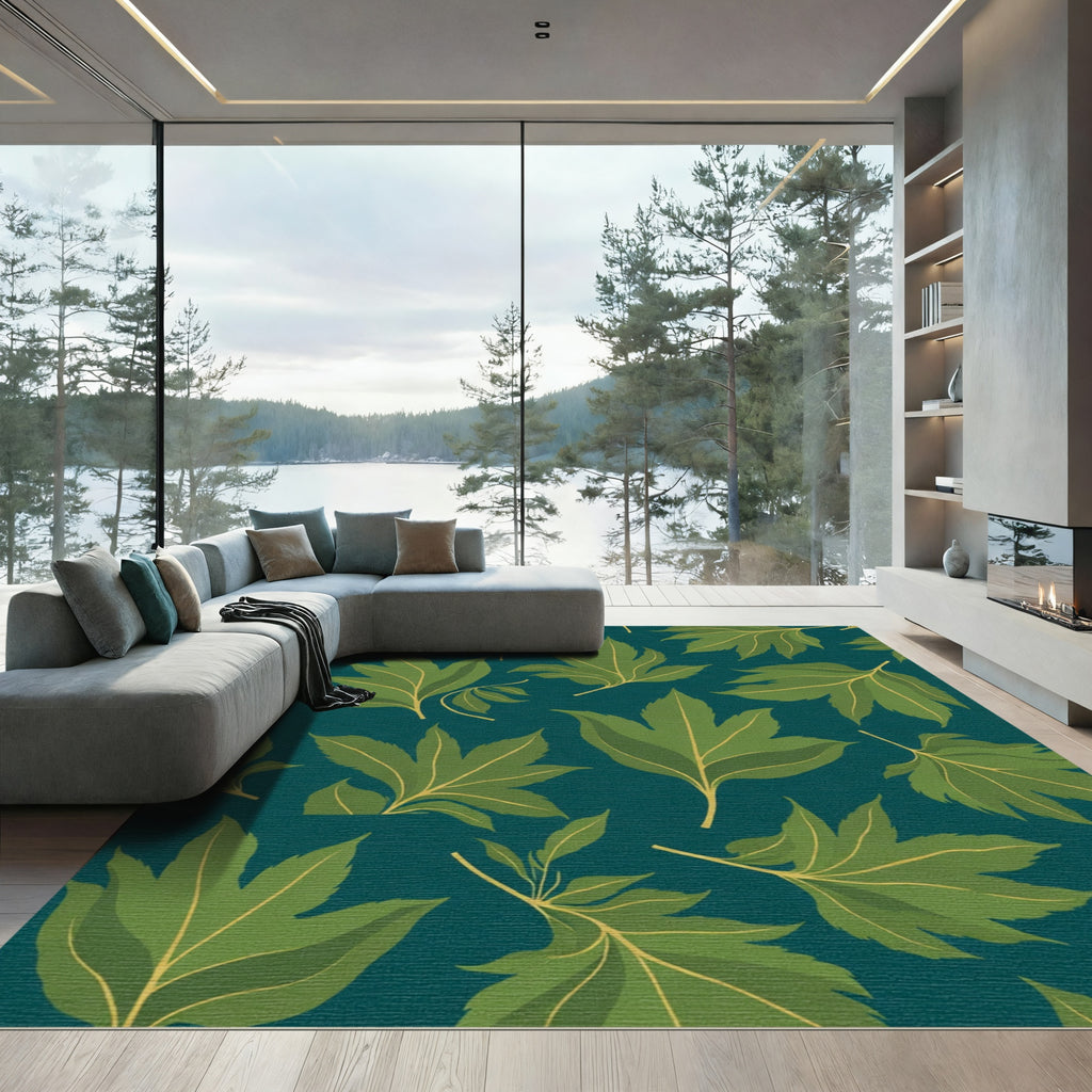 Emerald Leaves on Deep Teal Background Rug