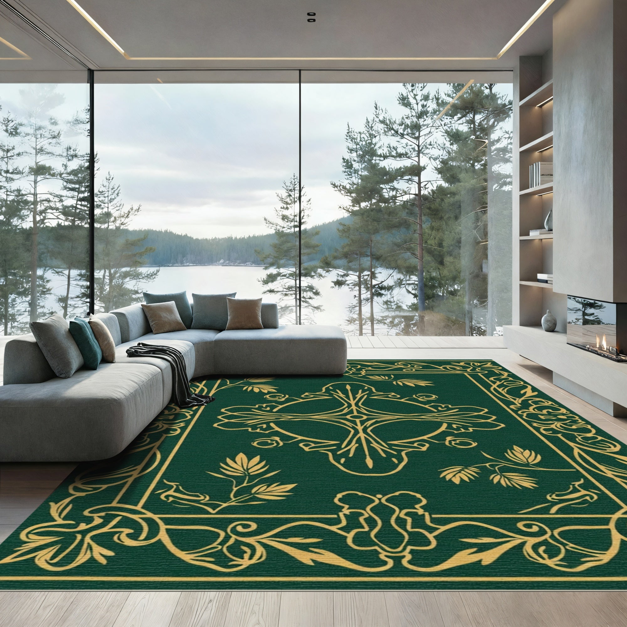 Emerald Gold Art Nouveau Botanical Rug