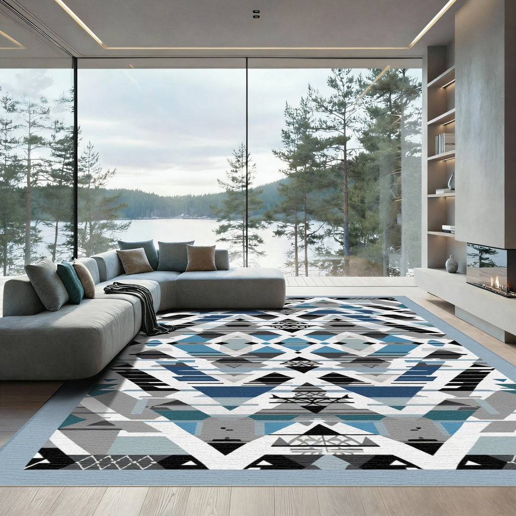 Geometric Blue Black Triangles Diamond Rug