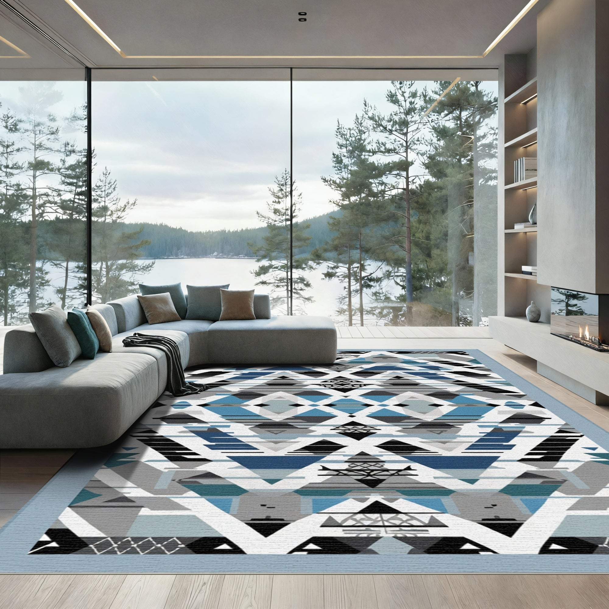 Geometric Blue Black Triangles Diamond Rug