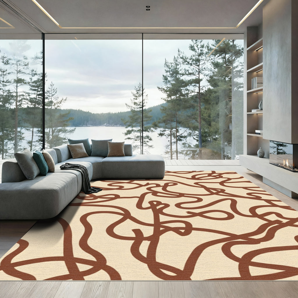 Brown Abstract Wavy Line Rug