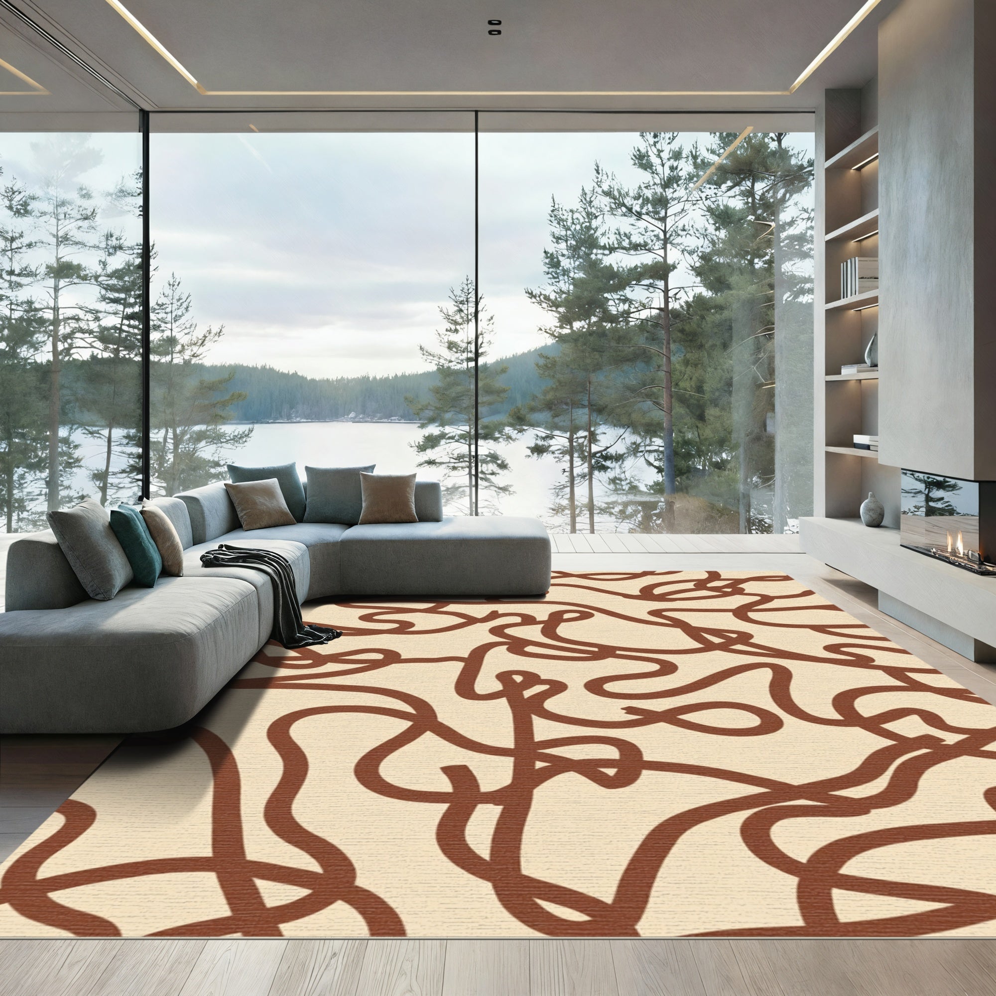 Brown Abstract Wavy Line Rug