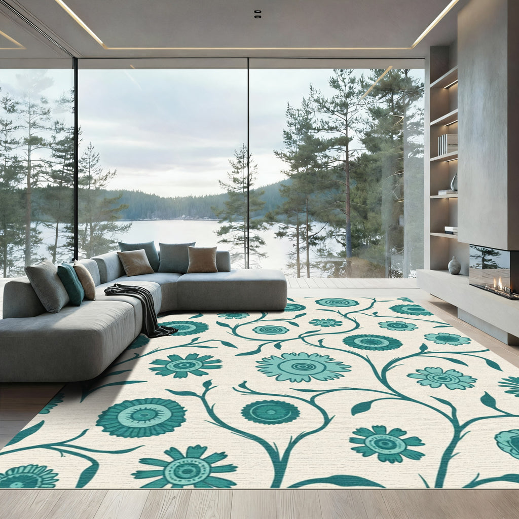 Teal Floral Vine Cream Rug