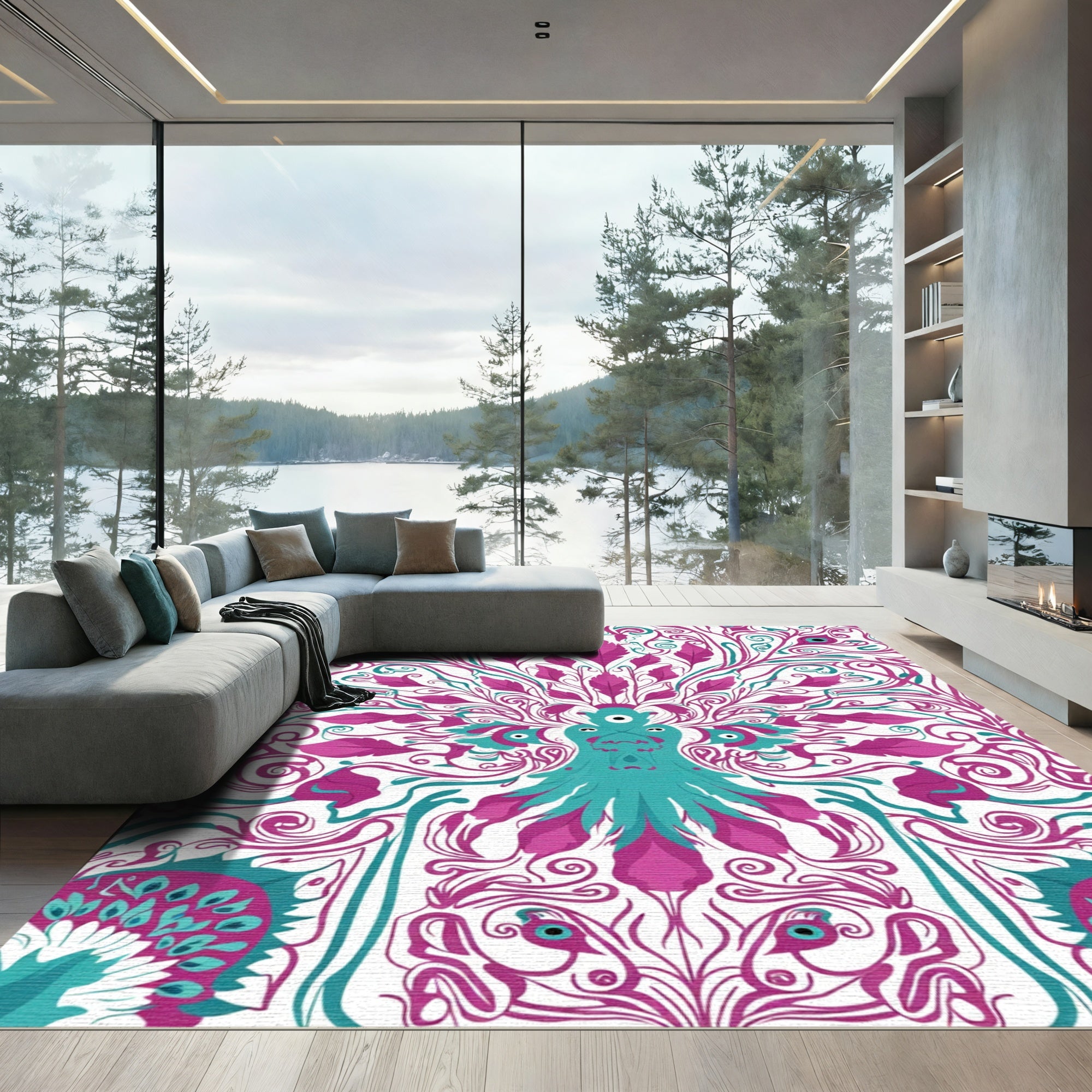 Teal Magenta Whimsical Peacock Swirl Rug