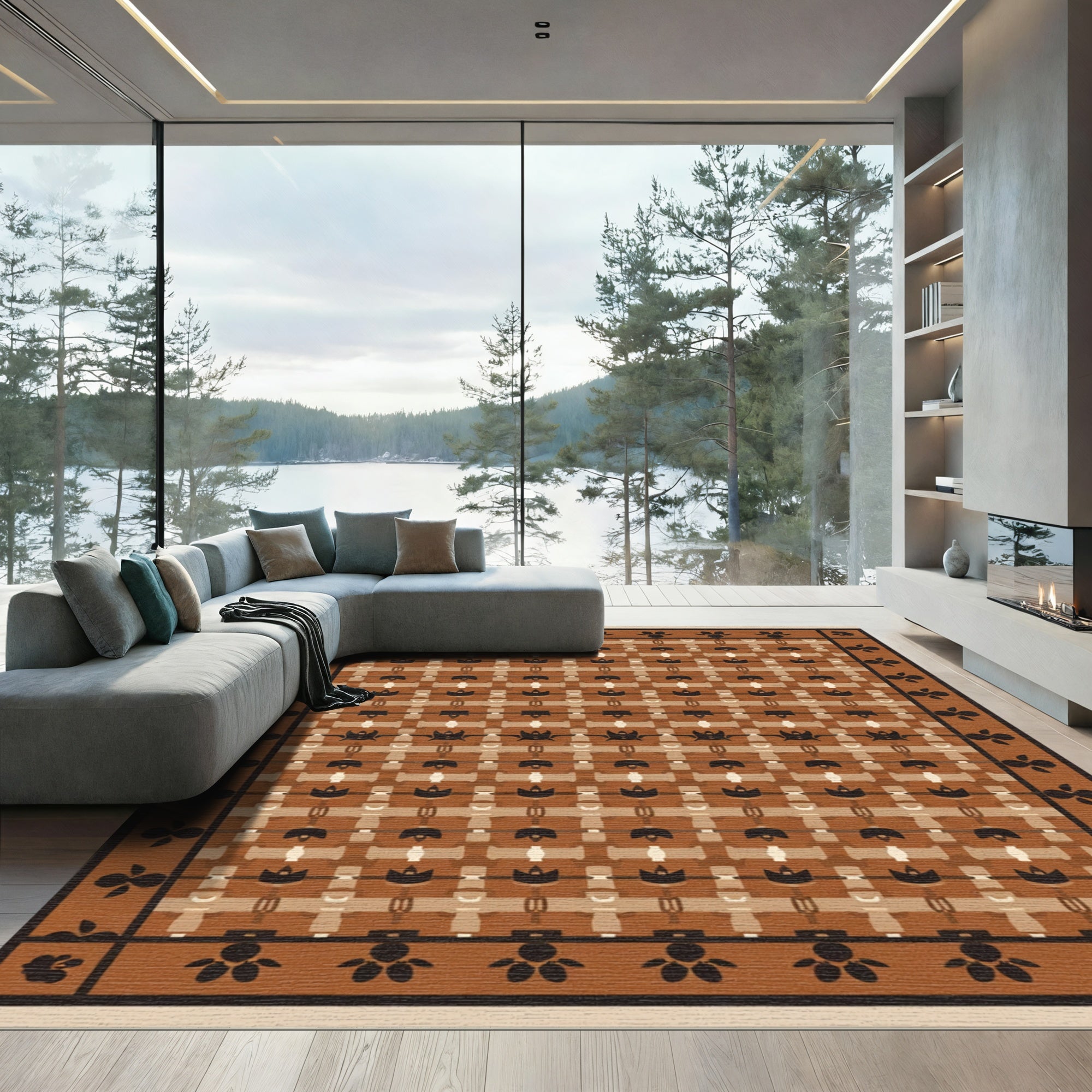 Earth Toned Basket Weave Floral Rug