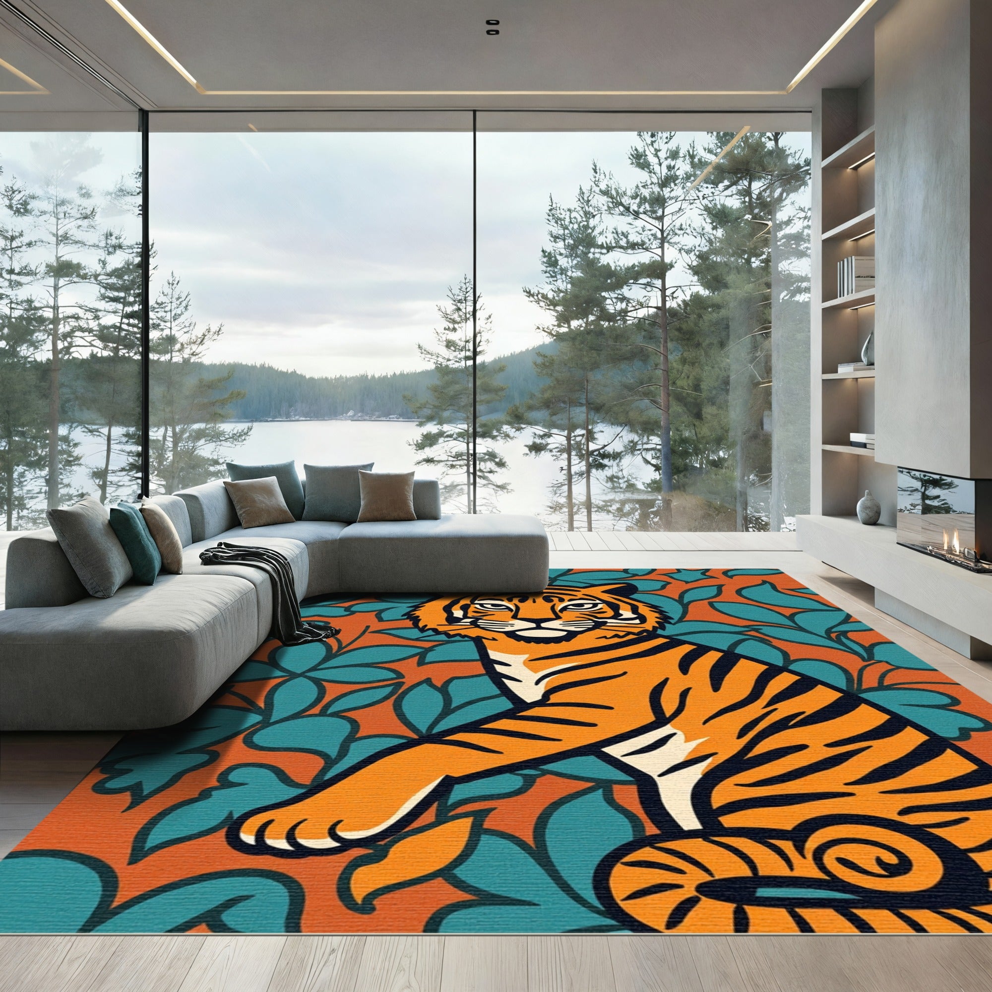 Bold Orange Tiger Floral Botanical Rug