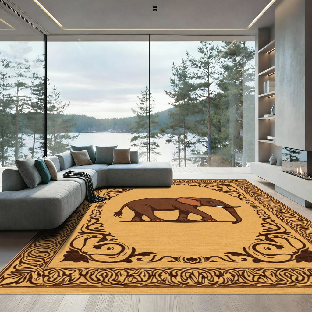 Brown Elephant Ornate Border Rug