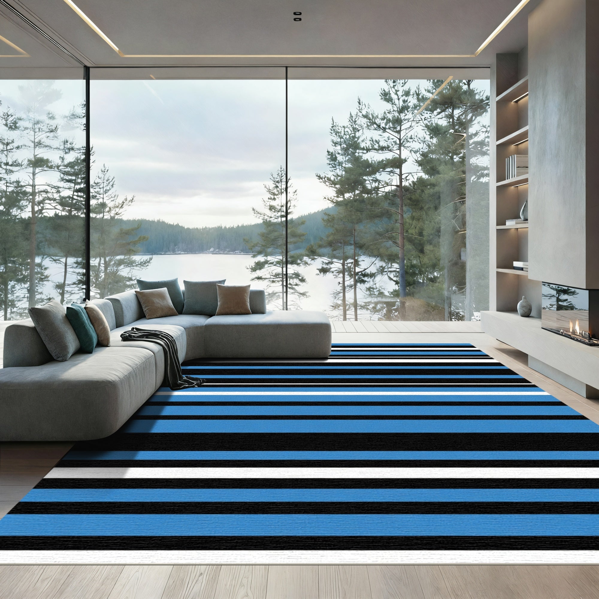 Bold Blue Black White Stripe Rug