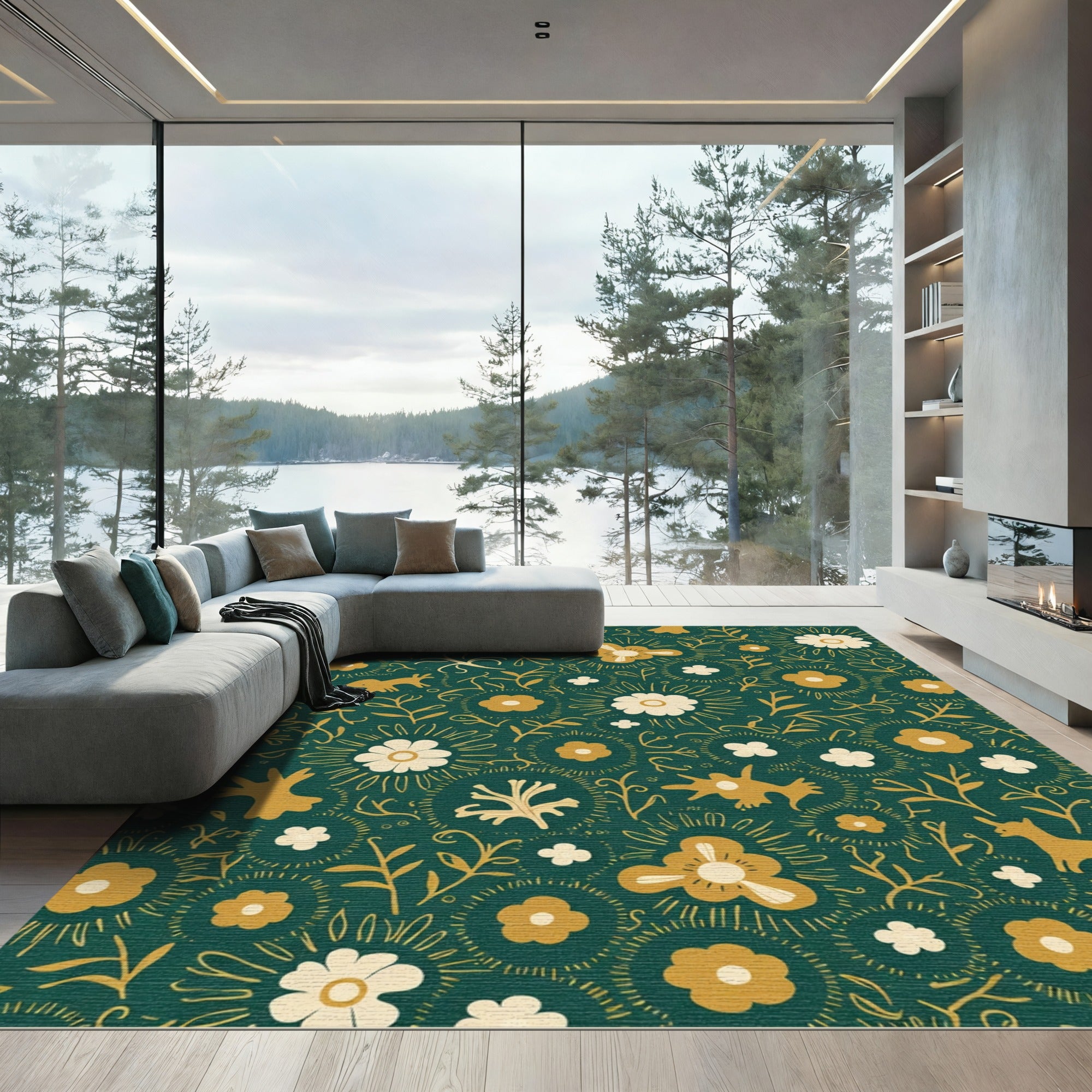 Whimsical Golden Animals Floral Meadow Rug