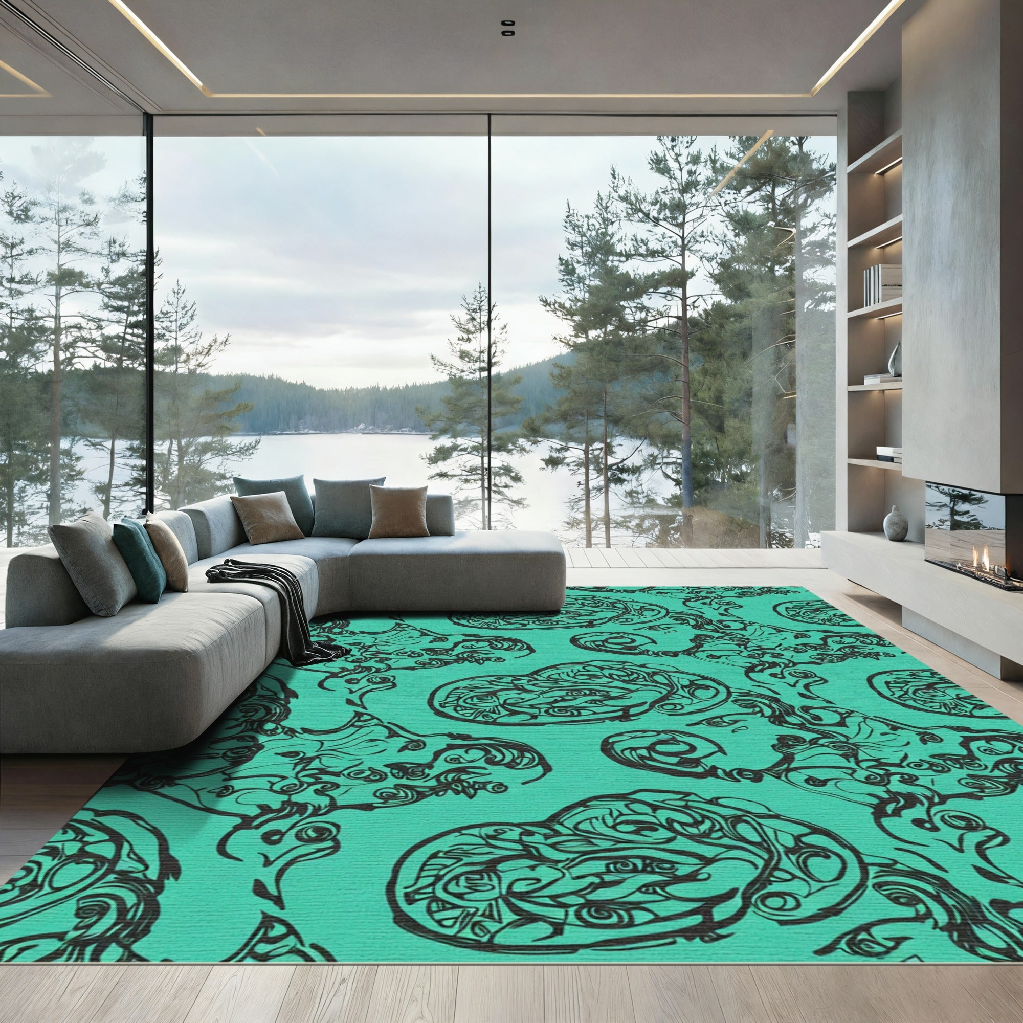 Teal Black Abstract Swirls Rug