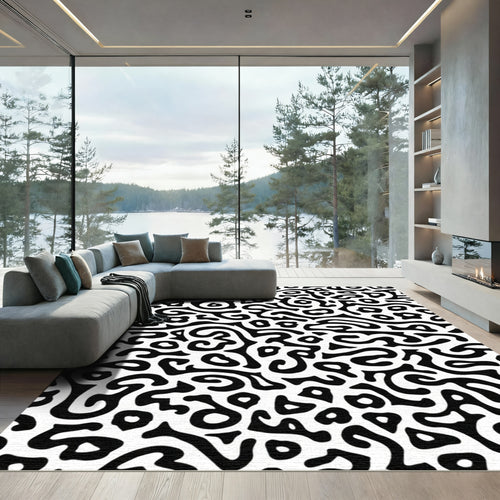 Bold Black White Abstract Swirl Rug