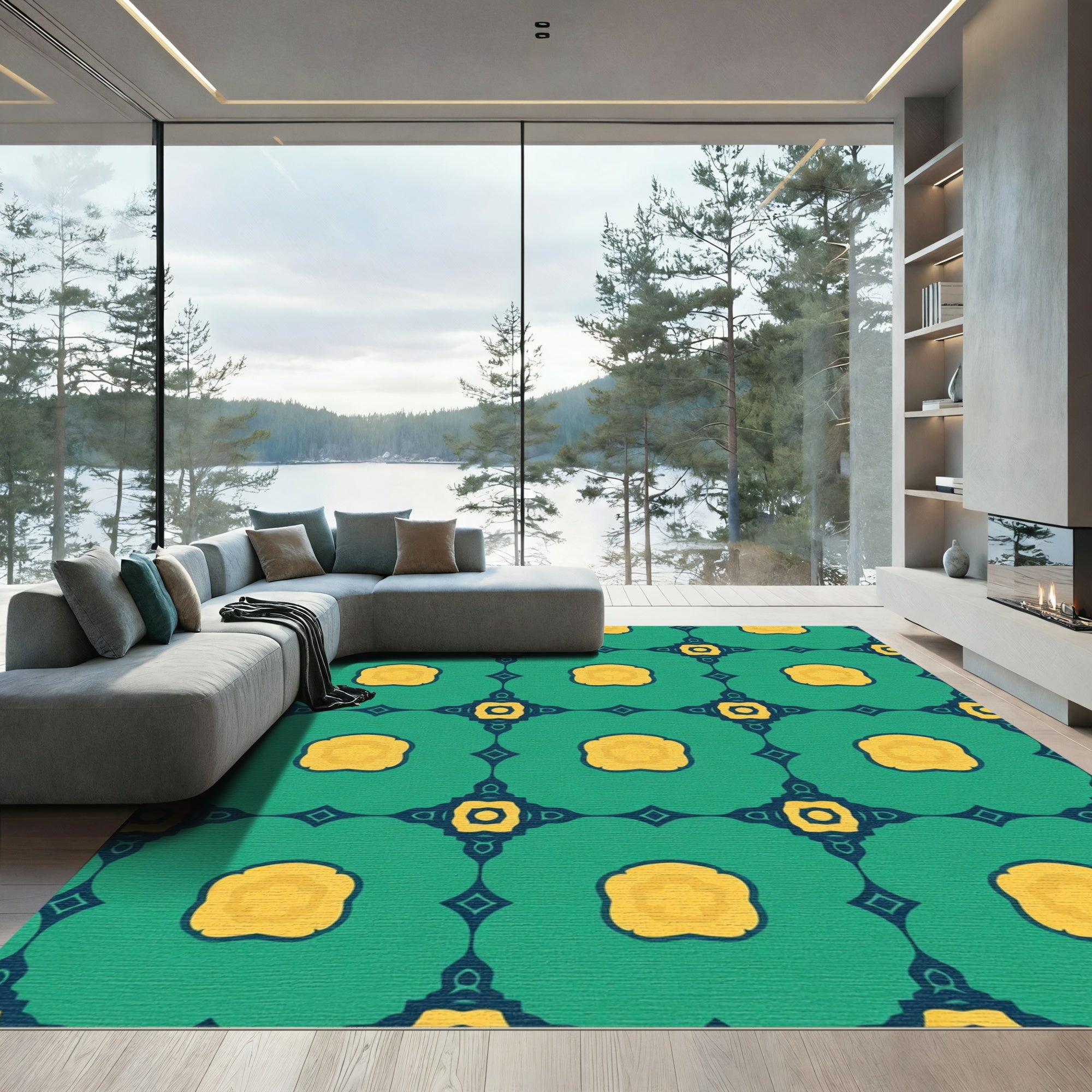 Teal Yellow Intricate Floral Medallion Rug
