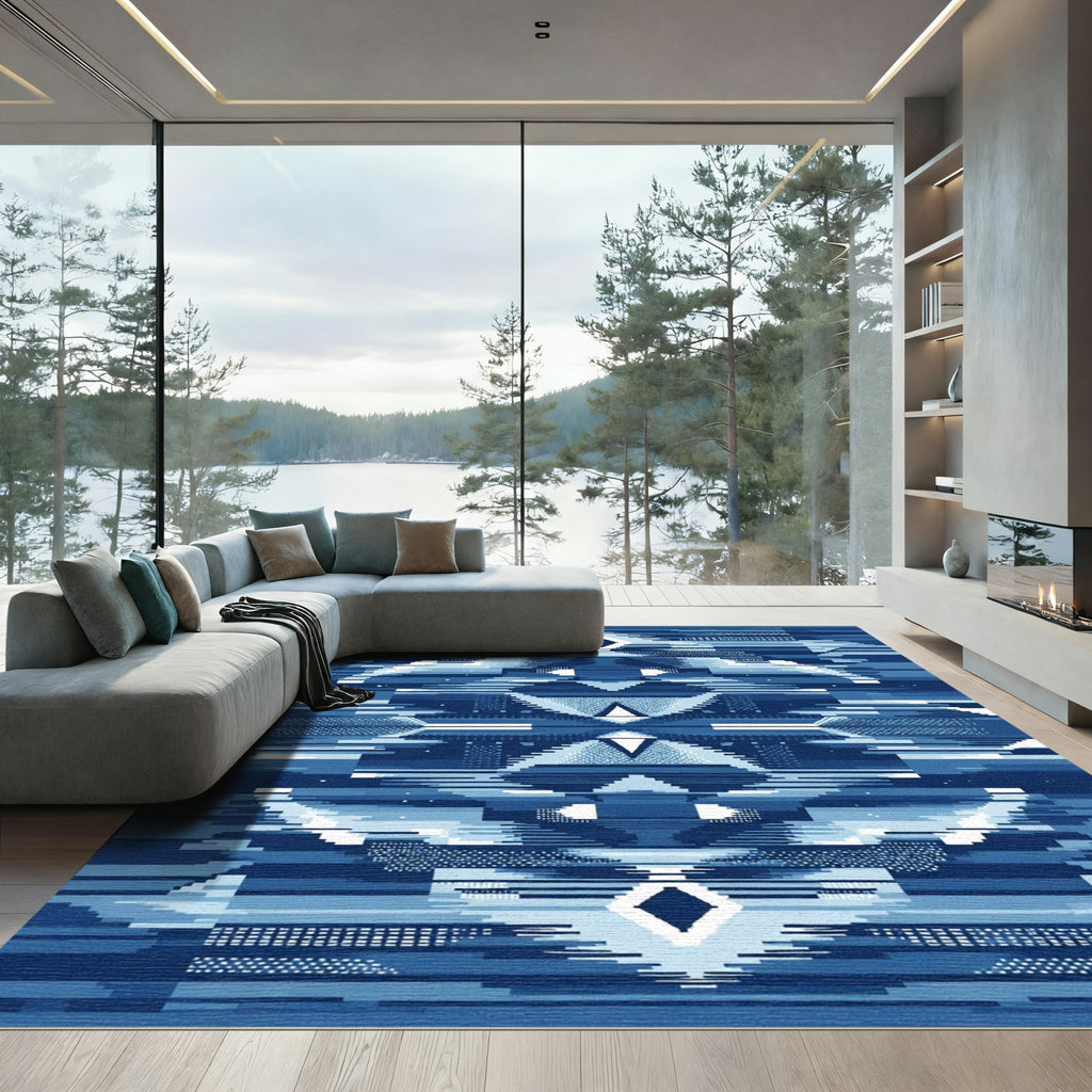 Abstract Blue Geometric Diamond Landscape Rug