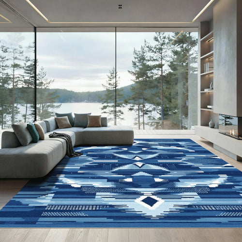 Abstract Blue Geometric Diamond Landscape Rug