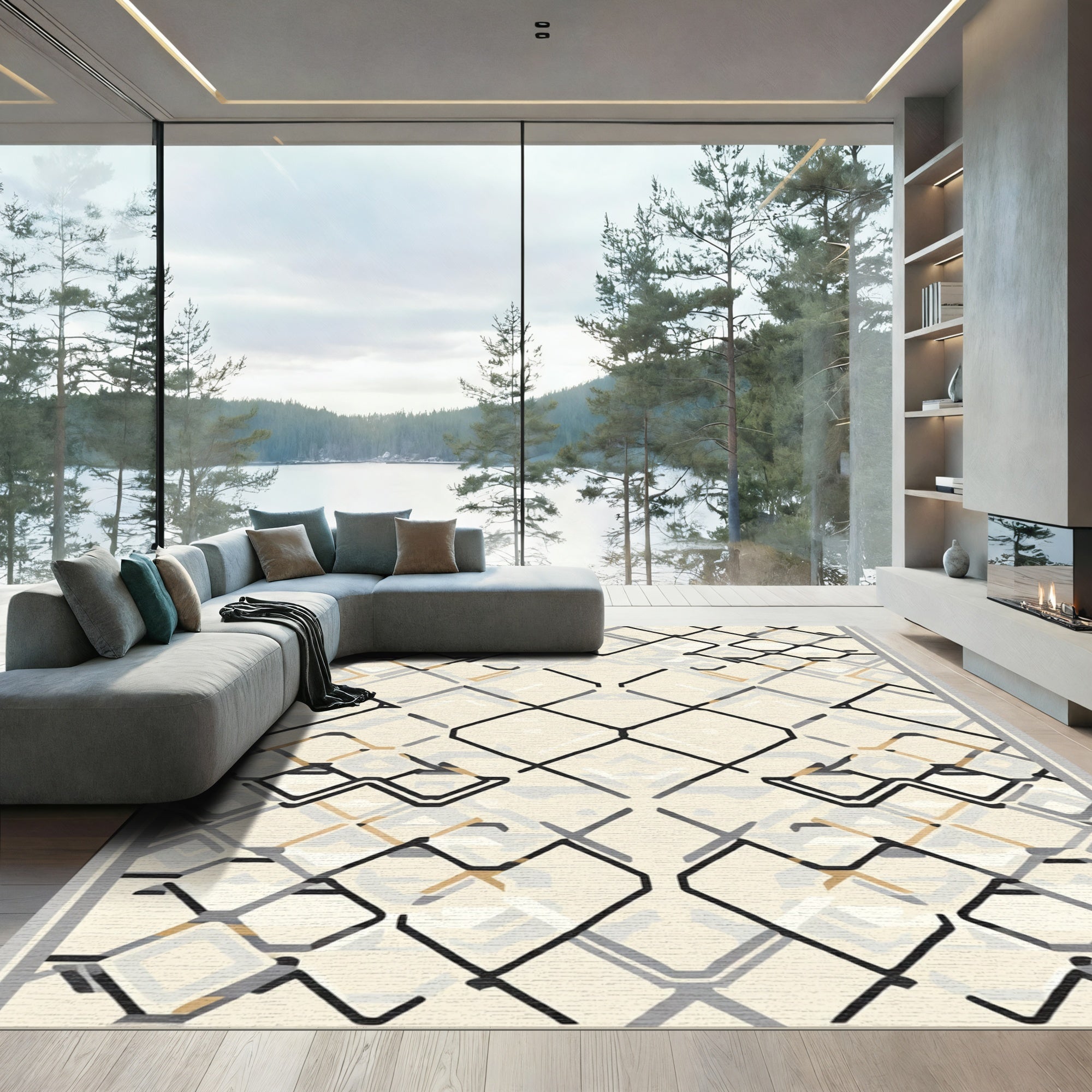 Cream Black Geometric Interlocking Diamond Rug
