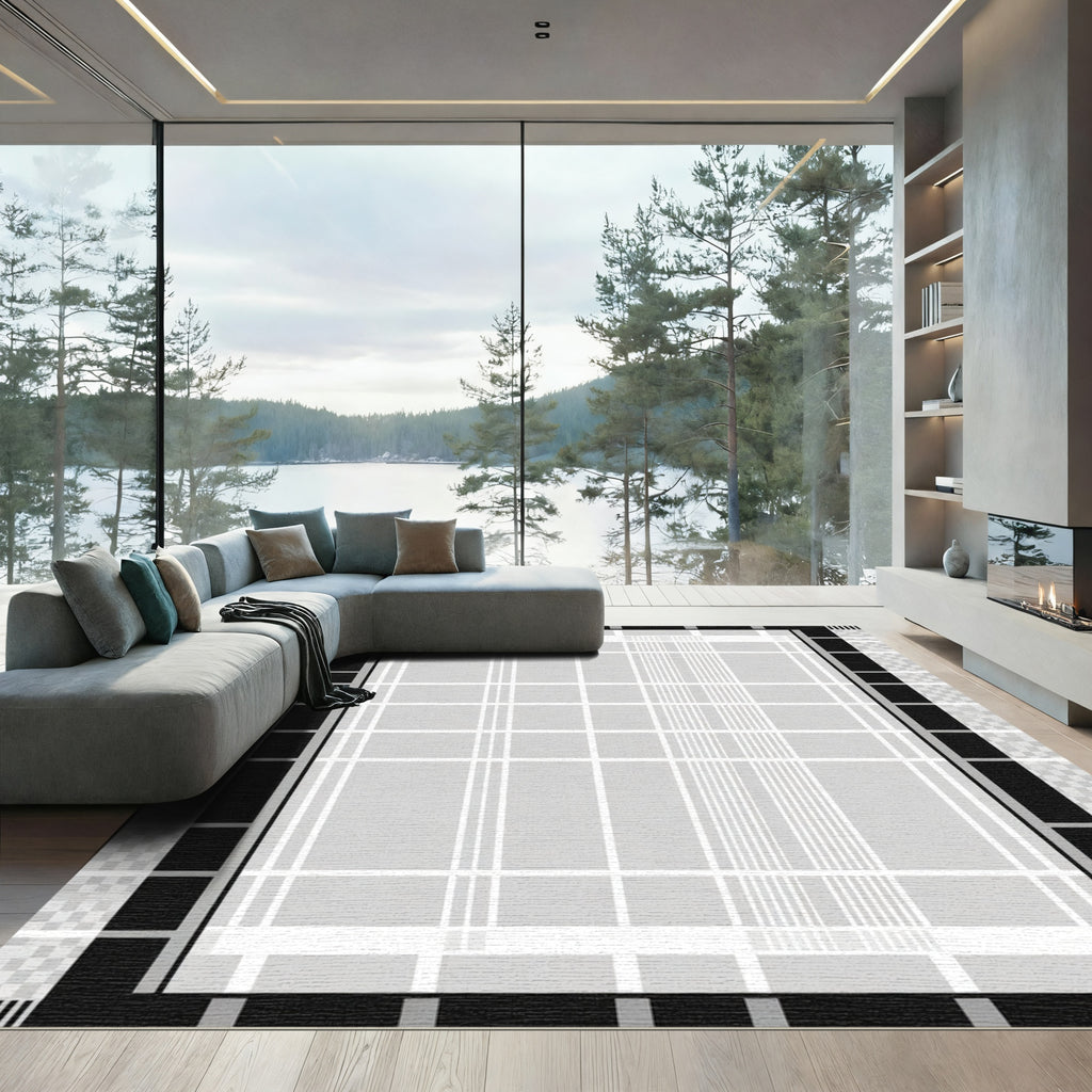 Modern Grid Black White Plaid Rug