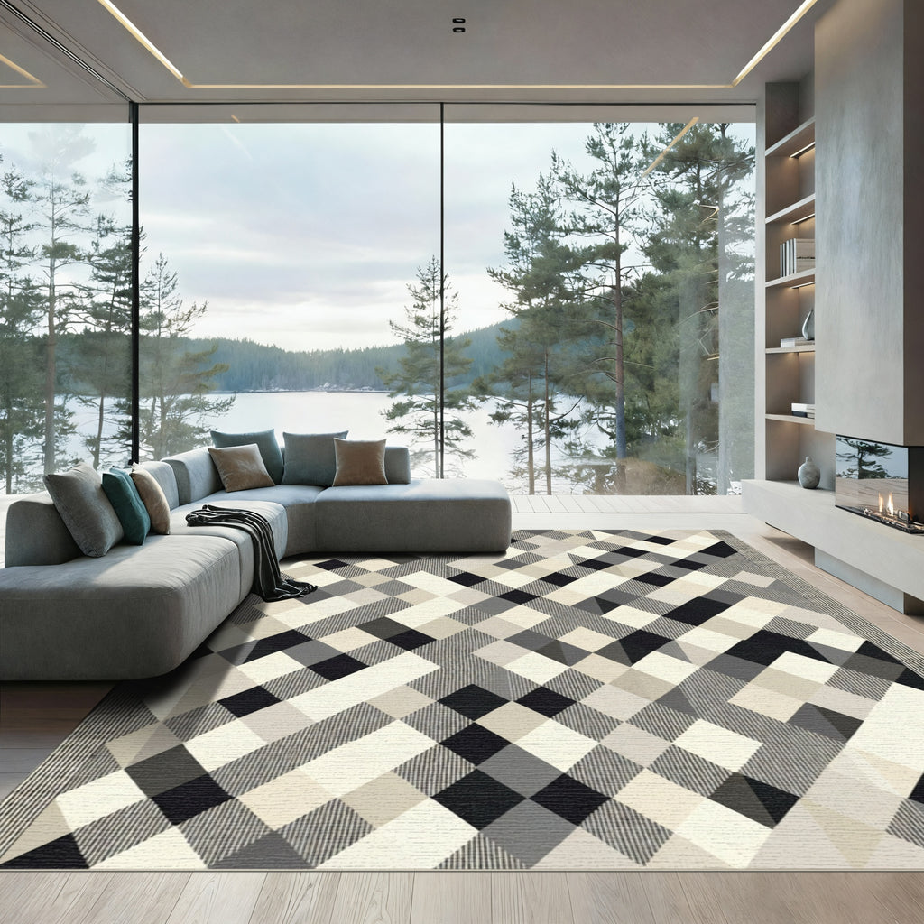 Monochromatic Plaid Geometric Diamond Rug