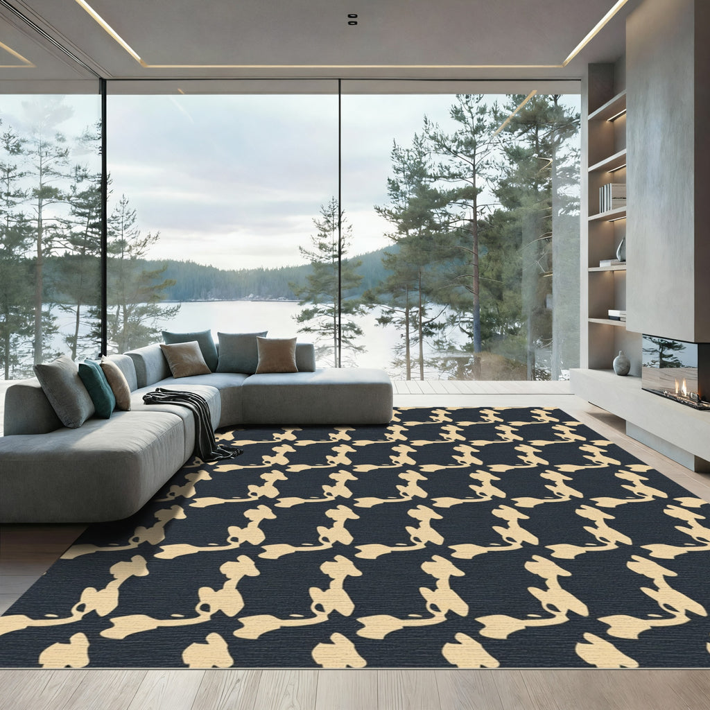 Abstract Cream Black Interlocking Shape Rug