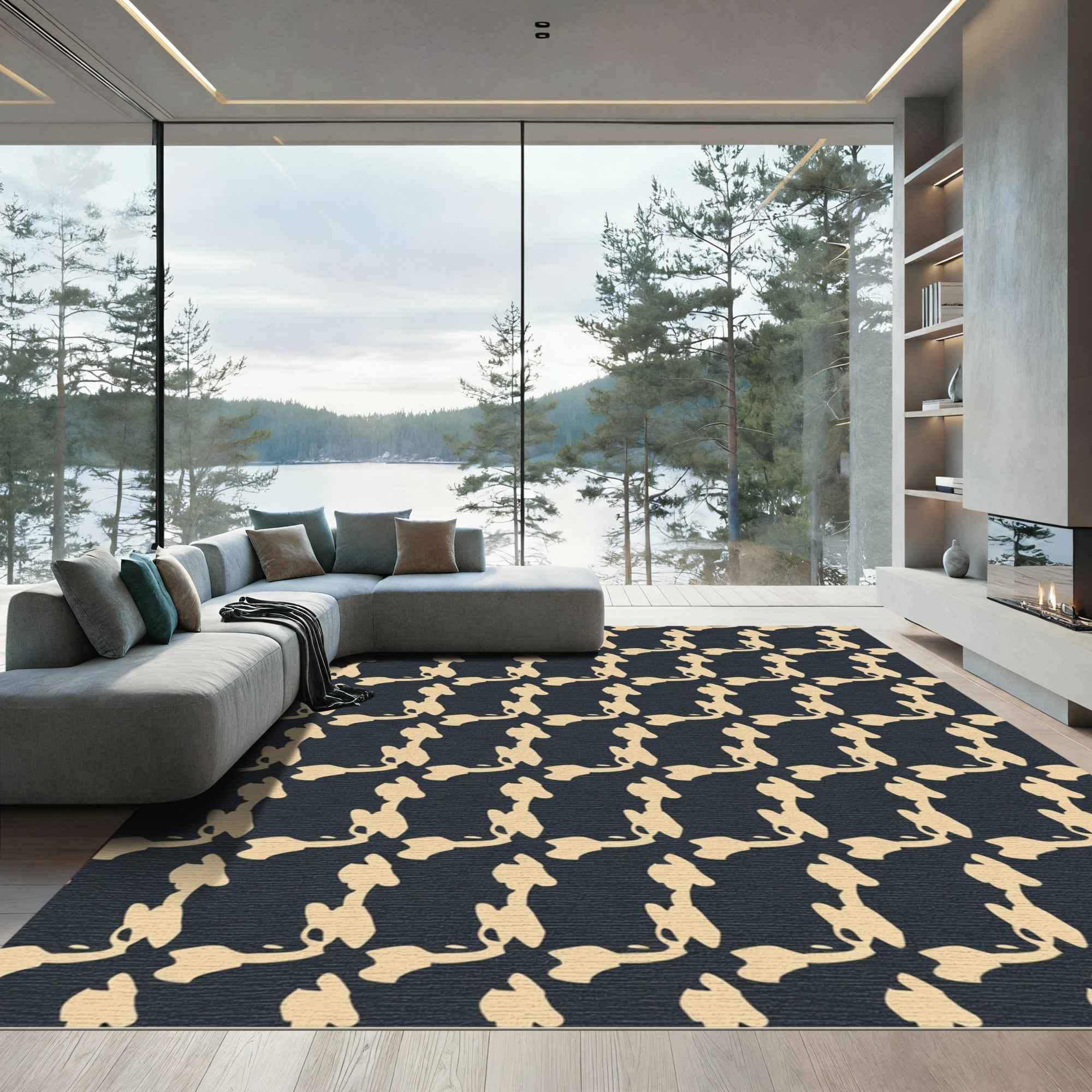 Abstract Cream Black Interlocking Shape Rug