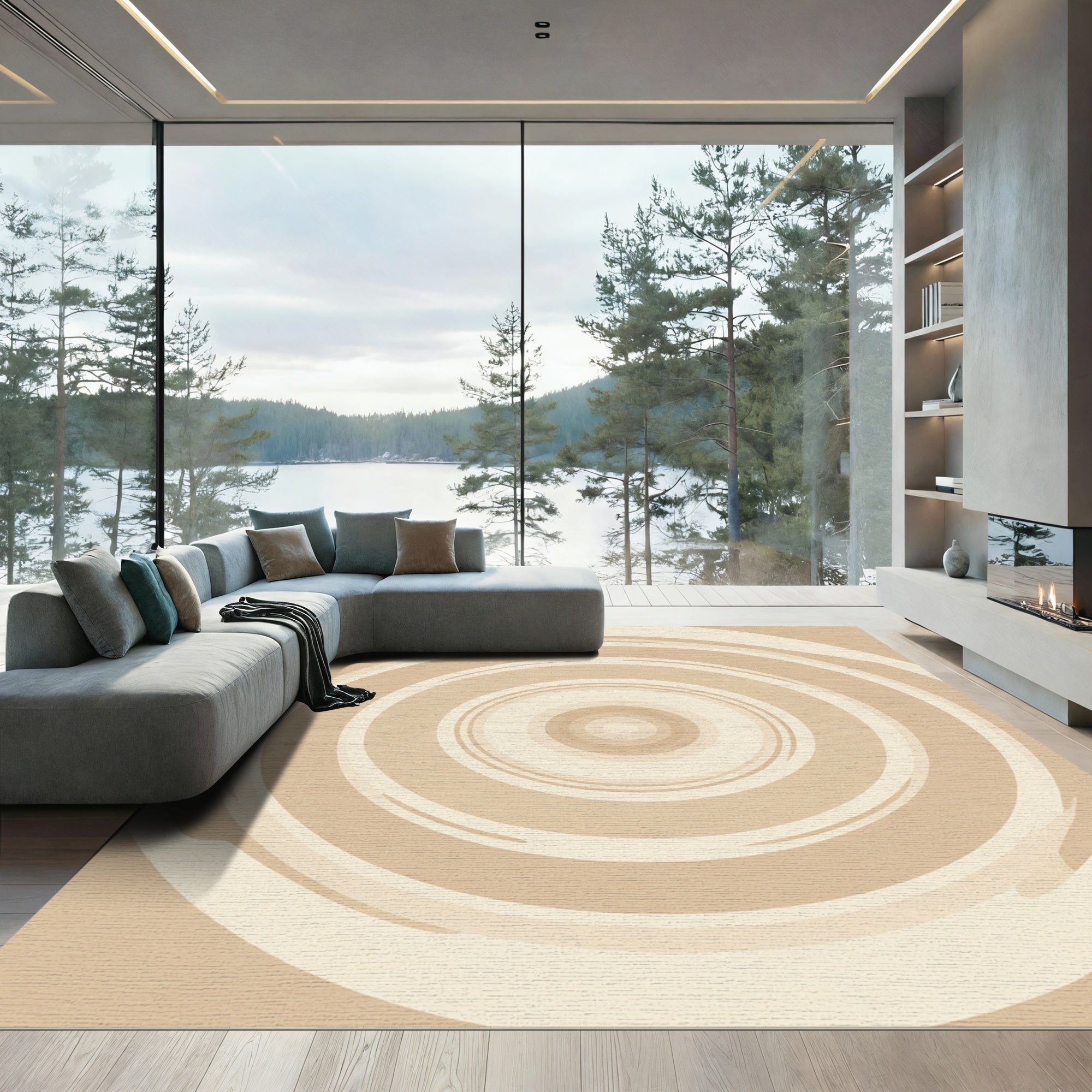 Neutral Earth Tone Concentric Rings Rug
